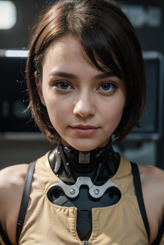 ((Disembodied head on desk stand)), beautiful girl, Ai girl, humanoid , robot girl, 20yo, makeup, eyes closed, short hair, highly detailed face, (realistic), masterpiece, best quality, extremely detailed, soft light, soft shadows, soft backlighting, (best image,best quality:1.5) asian girl, happy face