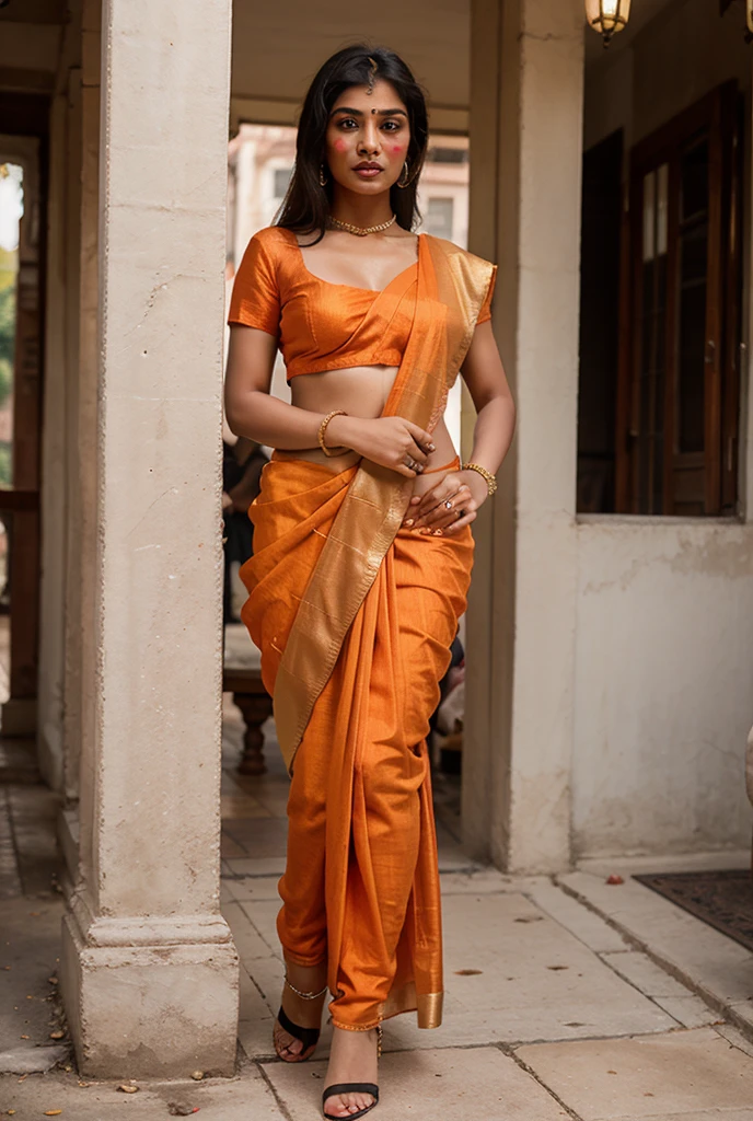 Indian, bob cut hair, armpit, saree, full length body photograph, looking straight at the camera, big cute smile, ???? figure, dusky cute face, North Indian girl, similar looking to Kiara, full body length photo inducing her feet. 