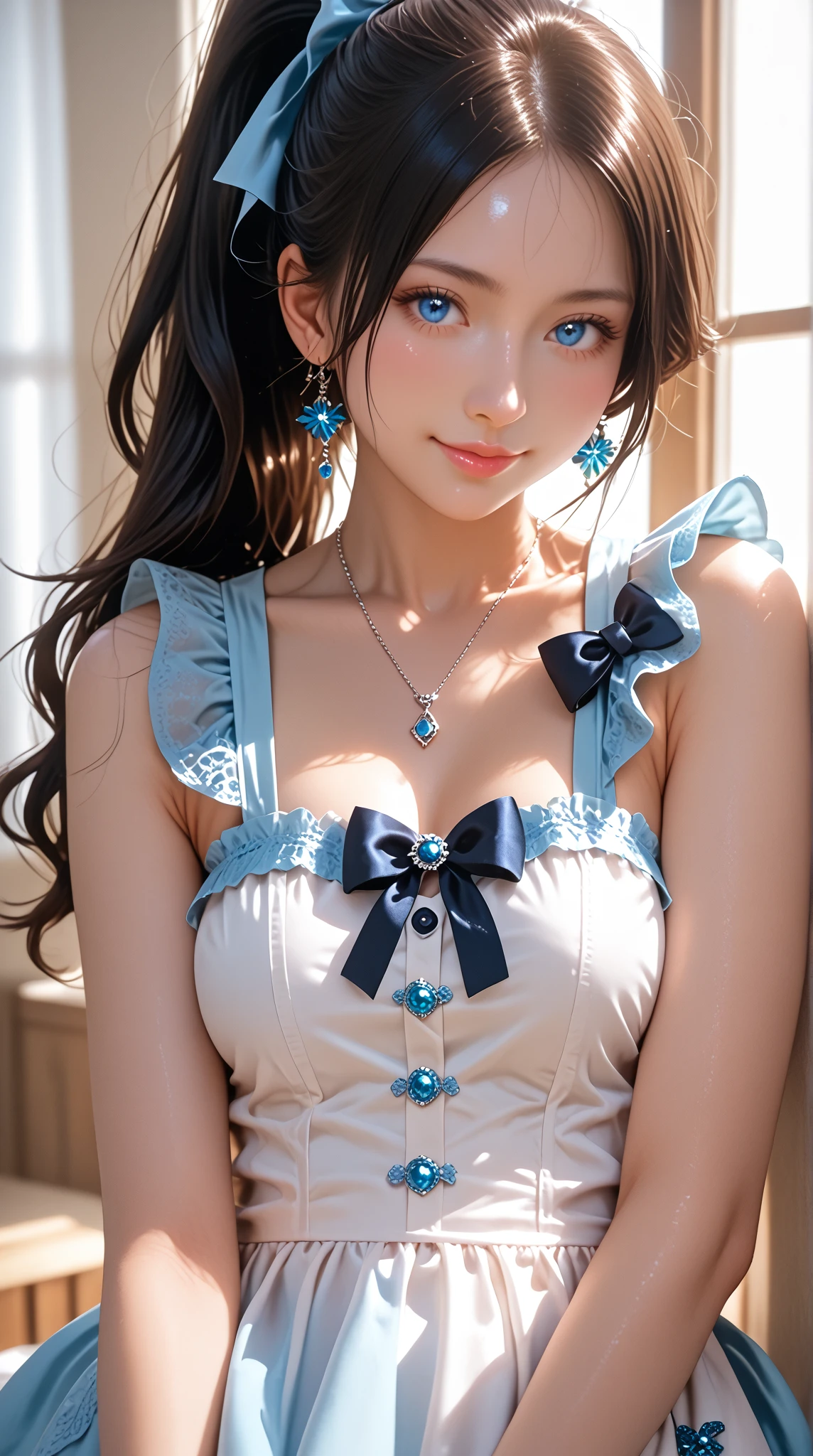 A close up of a woman sitting on a chair wearing a blue dress - SeaArt AI
