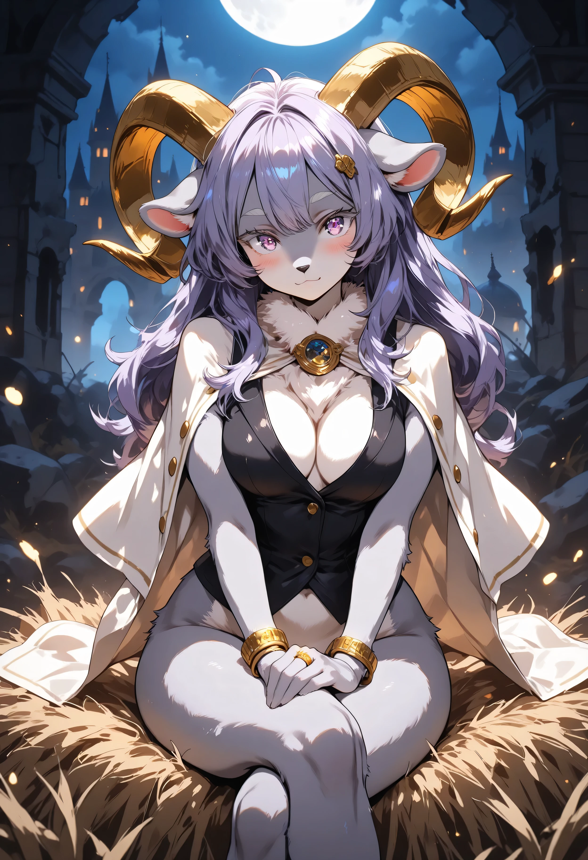 [sybil], [pseudoregalia], ((masterpiece)), ((HD)), ((high res)), ((solo portrait)), ((feet visible)), ((front view)), ((detailed fur)), ((cute cartoon aesthetic)), ((detailed shading)), {(anthro goat woman), (athletic figure), (grey body fur), (black nose), (long droopy bunny ears), (fluffy hair), (yellow narly horns), (bushy dark grey eyebrows), (cute indigo eyes), (long grey eyelashes), (medium breasts), (curvy hips), (beautiful legs), (defined paw feet), (blank expression)}, {(black sleeveless vest), (gold buttons), (white capelet), (gold rings in hair), (gold bracelets), (pantless), (nude)}, {(sitting on hay), (crossed legs), (hands on lap), (looking at viewer)}, [ambient lighting, castle ruins, nighttime, moonlight]