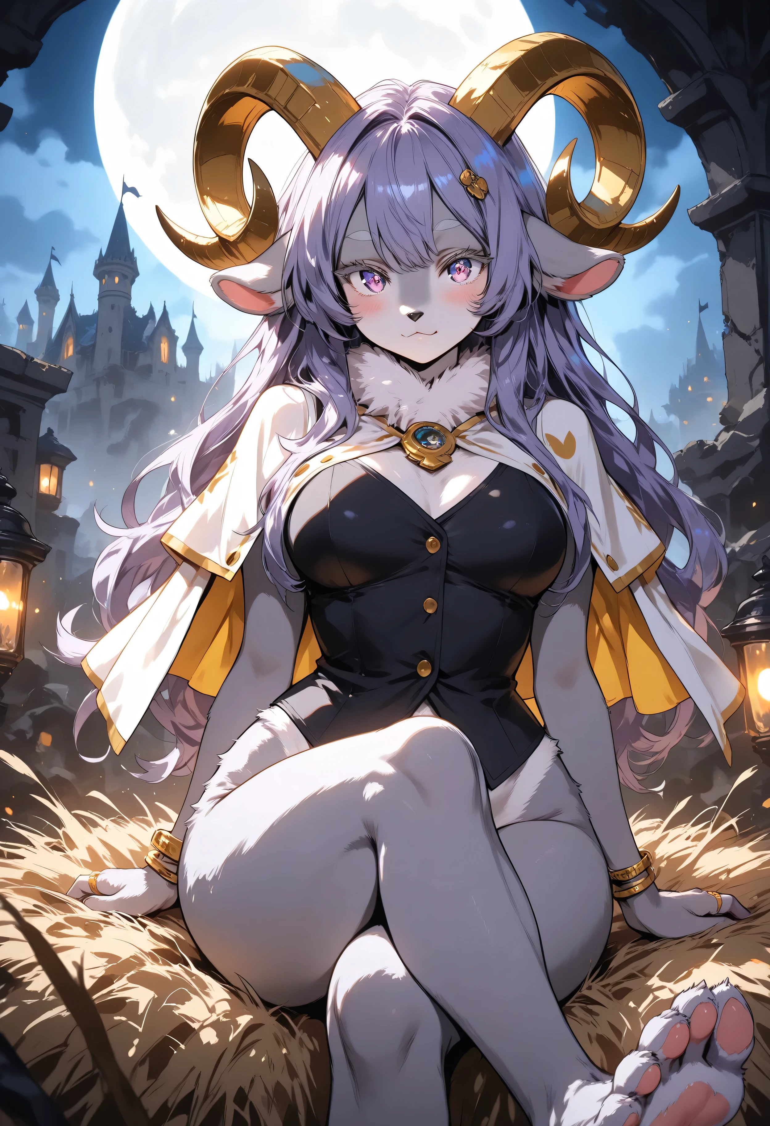 [sybil], [pseudoregalia], ((masterpiece)), ((HD)), ((high res)), ((solo portrait)), ((feet visible)), ((front view)), ((detailed fur)), ((cute cartoon aesthetic)), ((detailed shading)), {(anthro goat woman), (athletic figure), (grey body fur), (black nose), (long droopy bunny ears), (fluffy hair), (yellow narly horns), (bushy dark grey eyebrows), (cute indigo eyes), (long grey eyelashes), (medium breasts), (curvy hips), (beautiful legs), (defined paw feet), (blank expression)}, {(black sleeveless vest), (gold buttons), (white capelet), (gold rings in hair), (gold bracelets), (pantless), (nude)}, {(sitting on hay), (crossed legs), (hands on lap), (looking at viewer)}, [ambient lighting, castle ruins, nighttime, moonlight]