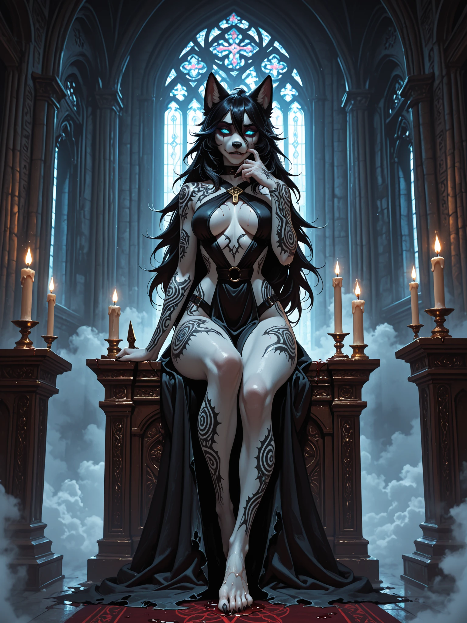 ultra highres, best quality, finely detail, female wolf anthro, exorcist priestess, torn white vestments revealing curves, lustful possessed expression, dual-colored eyes (one natural, one glowing demonic), arcane tattoos across fur, ritual dagger in hand, seductive pose against altar, candles melting around her, ancient tomes scattered, gothic cathedral setting, fog swirling at feet, midnight ritual scene, volumetric lighting, demonic shadows on walls