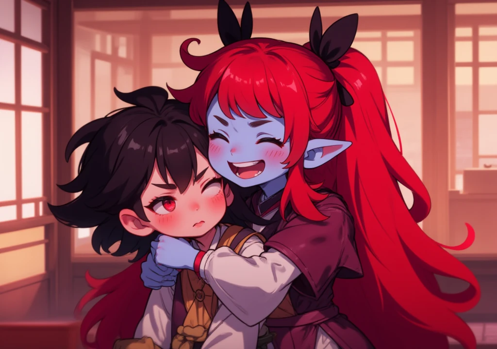 A beautiful necromancer mature girl and a handsome young boy, Black short disshalve hair with Brown eyes and glasses, the boy's skin is not so pale but white, his look is of love for his beloved, romantic couple in love kissing, blonde long-haired girl, big red eyes, elf ear with a red-colored earring not in her left ear,  her skin is not so pale but white, her eyes are with hearts, wearing long shirt without pants, in a room setting, masterpiece, best quality, absurdly high resolution