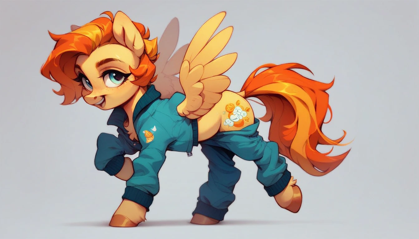 rating_safe, score_9, fluffy, feral pegasus pony, yellow body, short black hair, plain background, full body