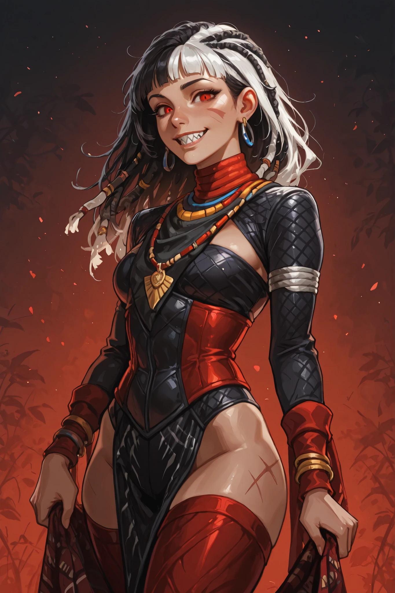 She looks like a mix of Cammy and Elena from Streetfighter VI and has a horizontal scar across her nose. White skin. Sleek body and sleek face. She has long white and black dreadlocks, red eyes, slanted Asian eyes, sharp teeth, black eyeliner, athletic body. Slender and athletic with abs. B-cup. Cute, round and young face and a cute, broad nose. White highlights in her hair. Her leather clothing has a snakeskin-pattern. She also wears an amber necklace, a sleek black and red leather dress with corset, wide and long sleeves and a trailing skirt, and sleek black opera gloves. She has a beaming smile on her face. Atmospheric lighting. Looking at the viewer. Background: jungle background, hdr colours, realistic,