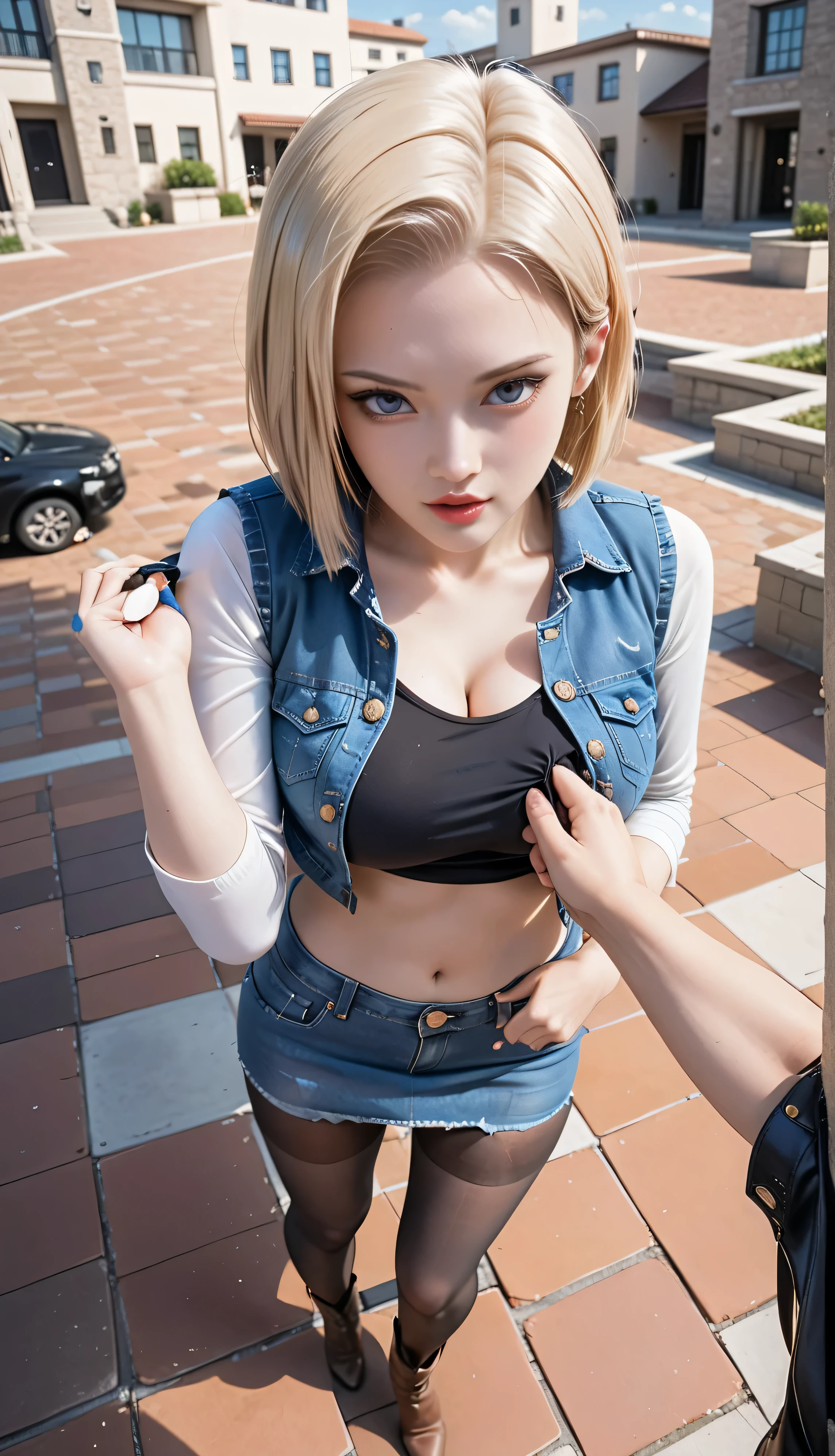 (One girl), (Android 18), (Her body and eyes face forward), ((She sat on the steps of the driveway outside the building and lifts one side of her denim mini skirt)), ((Intentionally holding the hem of the skirt with the one hand and pushing it up)), ((Her white sexy-panty is visible)), (She wore high leg panties), ((She looks straight at her boyfriend)), (Blonde hair), ( blonde girl), (She wearing light blonde hair), (Medium length hush cut hair), (Her slender legs and stylish short western cow-girl boots are clearly visible under the mini denim skirt she is wearing), (She have Very bouncing), (Wearing a short blue H-line denim skirt), (Wearing a mini denim vest), (The short mini vest she wears has three small circular buttons), (The denim skirt and denim vest colors match), (She Wear long sleeves), (Long sleeves with black stripes at regular intervals on a white background), (She wears flesh-colored illusion pantyhose), (The pantyhose she wears look like brown stockings), (She wore pantyhose and wore white white over them), (No-belt), (Wearing women's Western cowboy-boots), (Wearing a black t-shirt that exposes deep cleavage), (No bra), ( outside a black T-shirt), (Clearly exposed), (She winks with her left eye), (Boldly and fascinatingly winks her left eye and stares at me intently), (Sat on the steps of the driveway outside the building), ((Masterpiece))