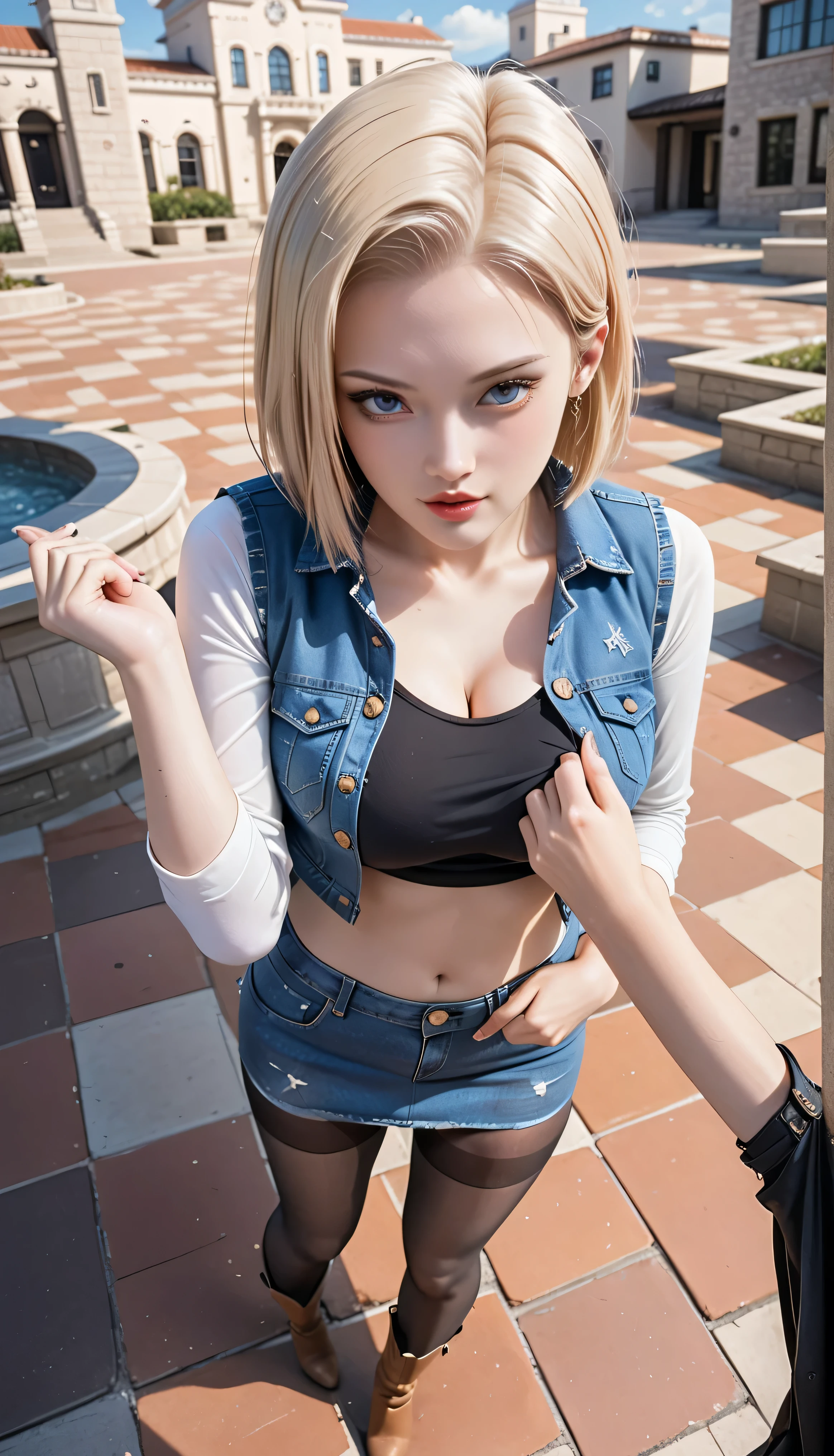 (One girl), (Android 18), (Her body and eyes face forward), ((She sat on the steps of the driveway outside the building and lifts one side of her denim mini skirt)), ((Intentionally holding the hem of the skirt with the one hand and pushing it up)), ((Her white sexy-panty is visible)), (She wore high leg panties), ((She looks straight at her boyfriend)), (Blonde hair), ( blonde girl), (She wearing light blonde hair), (Medium length hush cut hair), (Her slender legs and stylish short western cow-girl boots are clearly visible under the mini denim skirt she is wearing), (She have Very bouncing), (Wearing a short blue H-line denim skirt), (Wearing a mini denim vest), (The short mini vest she wears has three small circular buttons), (The denim skirt and denim vest colors match), (She Wear long sleeves), (Long sleeves with black stripes at regular intervals on a white background), (She wears flesh-colored illusion pantyhose), (The pantyhose she wears look like brown stockings), (She wore pantyhose and wore white white over them), (No-belt), (Wearing women's Western cowboy-boots), (Wearing a black t-shirt that exposes deep cleavage), (No bra), ( outside a black T-shirt), (Clearly exposed), (She winks with her left eye), (Boldly and fascinatingly winks her left eye and stares at me intently), (Sat on the steps of the driveway outside the building), ((Masterpiece))