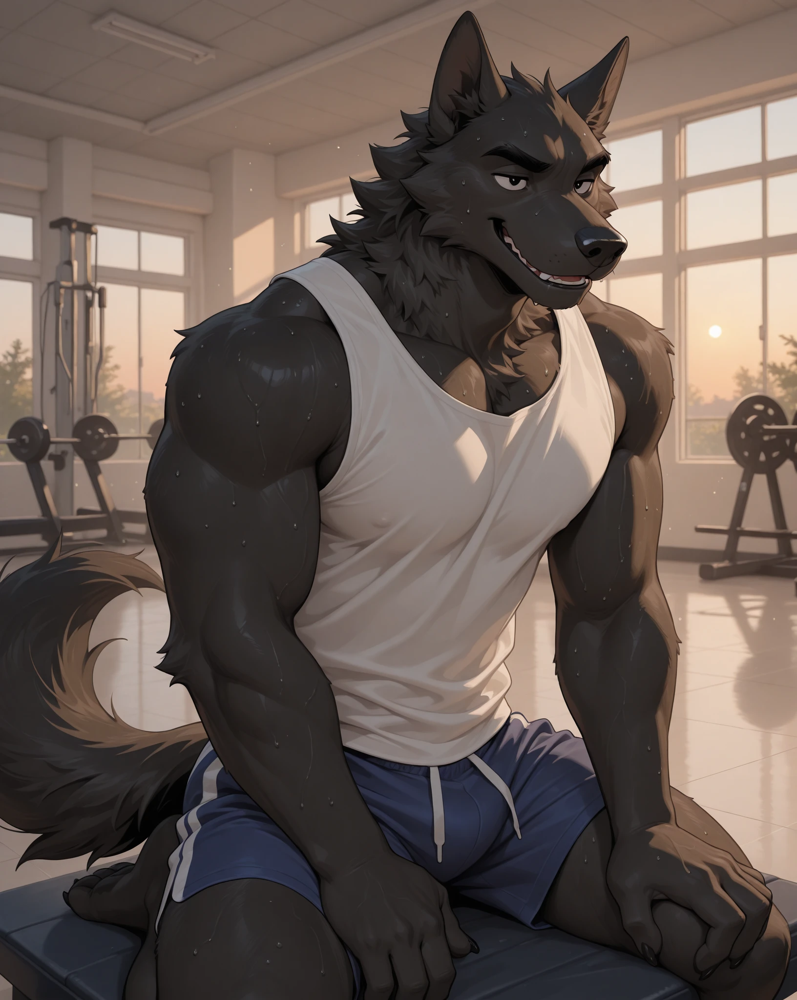 ((Solo)), Male, anthro wolf, (Multi-colored fur, Black White Taupe:1.3), ((Dog face, White hair, Big eyes, White eyelids, Blue pupil, Slim:1.2) (Tough, Calm expression:1.2)), ((sport:1.1)), Abs, Slim, pinging)), (Correct ), (Work shorts:1.1), (Contoured bones:1.2), torso, (detailed outfits), (Realistic fur, Detailed fur texture, labeled:1.3)), (Natural lighting), Photorealistic, Hyperrealistic, ultradetailed
