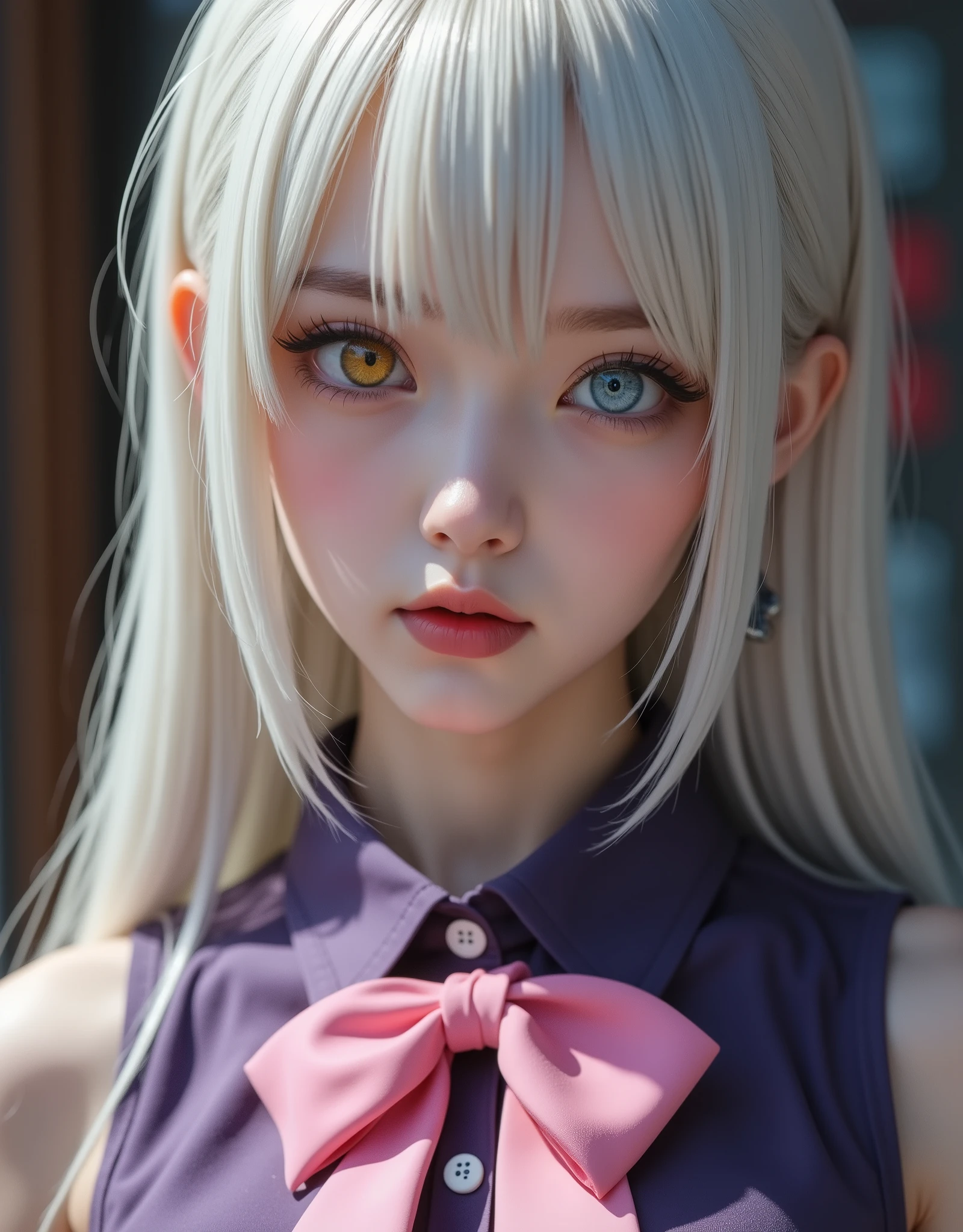 close up (hyperrealistic) by Elizabeth Liones,((white hair)),ultra-detailed eyes with ((heterochromia)) yellow gold and blue,emphasized bust,her outfit is a tight sleeveless dark purple shirt with its back exposed with white buttons,Wear a (pink bow tie),He wears his ((bare shoulders)),(RAW photo),(photorealistic),(masterpiece),(High Quality),(definition 8k ),(clothing),estilo hyperrealistic,fantasy background, movie lighting