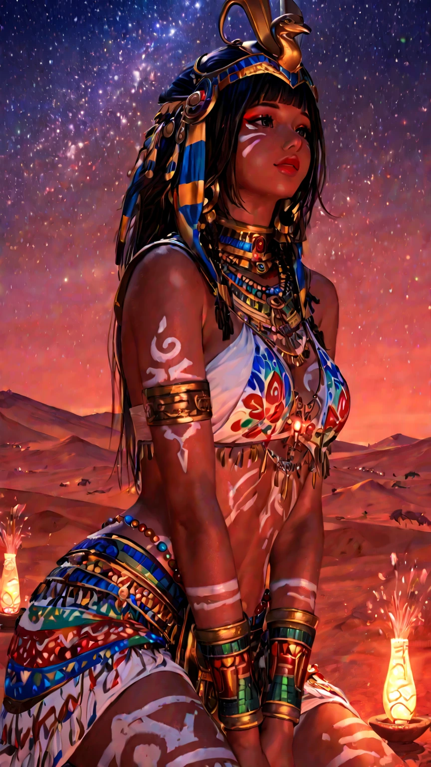 , (best quality, masterpiece, highest detailed), (photorealistic:1.2), (detailed light:1.2), (Realistic skin texture:1.4), raw photo, beautiful girl of the Indian tribe, thin build, very small breasts, wearing clothes decorated with feathers  and relics, top , skirt, stands in the middle of the desert, smile, hair blowing in the wind