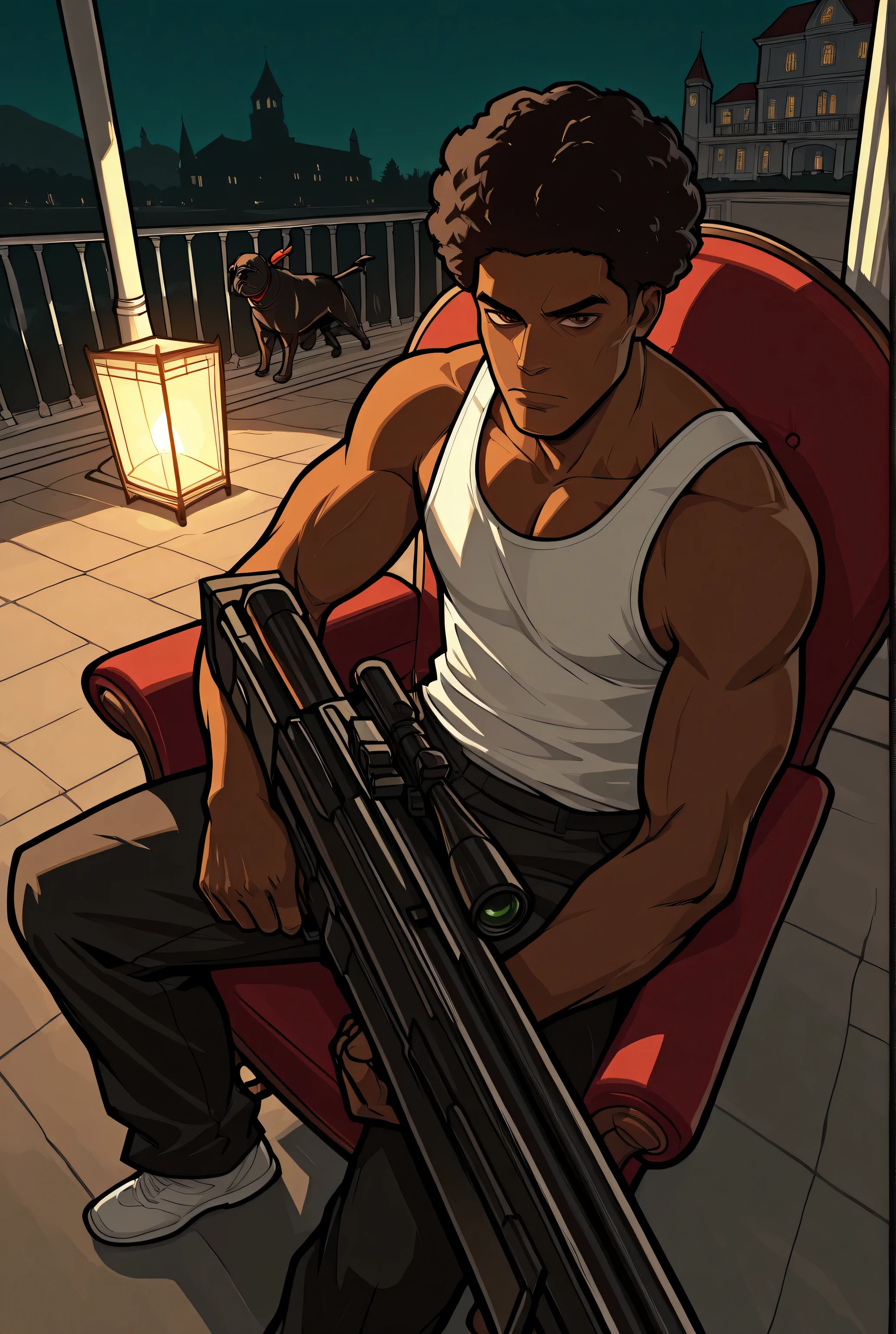 score_9,score_8_up,score_7_up,score_6_up,top quality, very detailed, super high resolution,32k uhd, sharp concentration, best quality , masterpiece, emotionalization , unconventional supreme masterpiece, Stunning Details, Warm atmosphere, with a high-end texture, Dynamic Angle, a lightskin man, 1 male, short curly hair, mixed race man, handsome man, has a tanktop on, fit body, brown eyes, brown skin color, sitting on a chair, has a sniper gun in his arms, looking cool, at night, outside infront of a white modern mansion, villa, a black pitbull sleeps next to him, light from a light pole is shining on him, cool look, 20 years old, short afro hair, cinematic look, angle from above, chilling, 