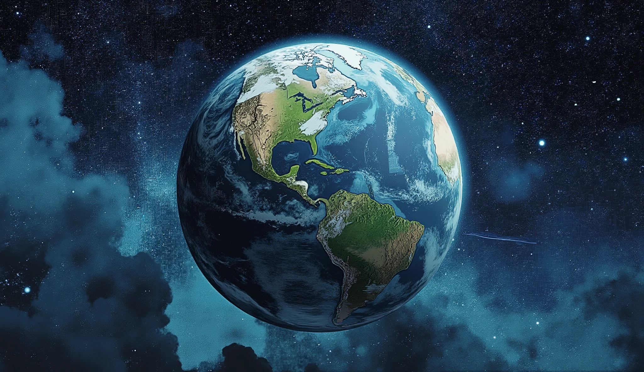 wide shot, aerial view of the whole Earth sphere from deep space , digital painting of the planet Earth, volumetric lighting, rich color palette, blue and green theme , detailed cloud formations, thin atmosphere layer, sharp focus, cinematic perspective , ((ultra quality:1.3)), masterpiece, (highly detailed), HDR, 8K , incredible star field background, deep blue and cyan nebulae, (by Noah Bradley:0.9), dramatic lighting.