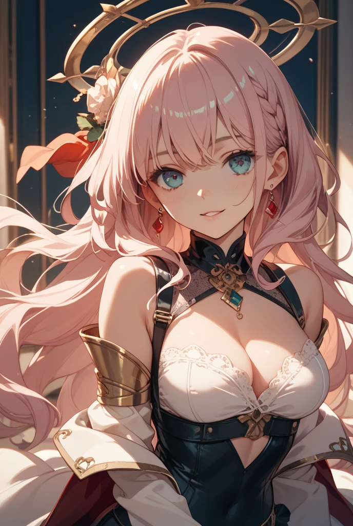 (large breasts:1.55),(shiny,hair),((solo)),((masterpiece)),((best quality)),perfect ,slim waist,perfect image,8k UHD,(beautiful detailed eyes:1.5),extremely detailed face,standing,(upper body:1.25),(look at the front:1.5),arms behindback,ultra-detailed,absurdres,highres,pink hair.indoor room,hair ornament ribbon,smile,blue eyes,lips, lips,sidelocks,(off-shoulder clothes),skirt,,alluing,(tsurime:0.8),(slant eyes:0.8),