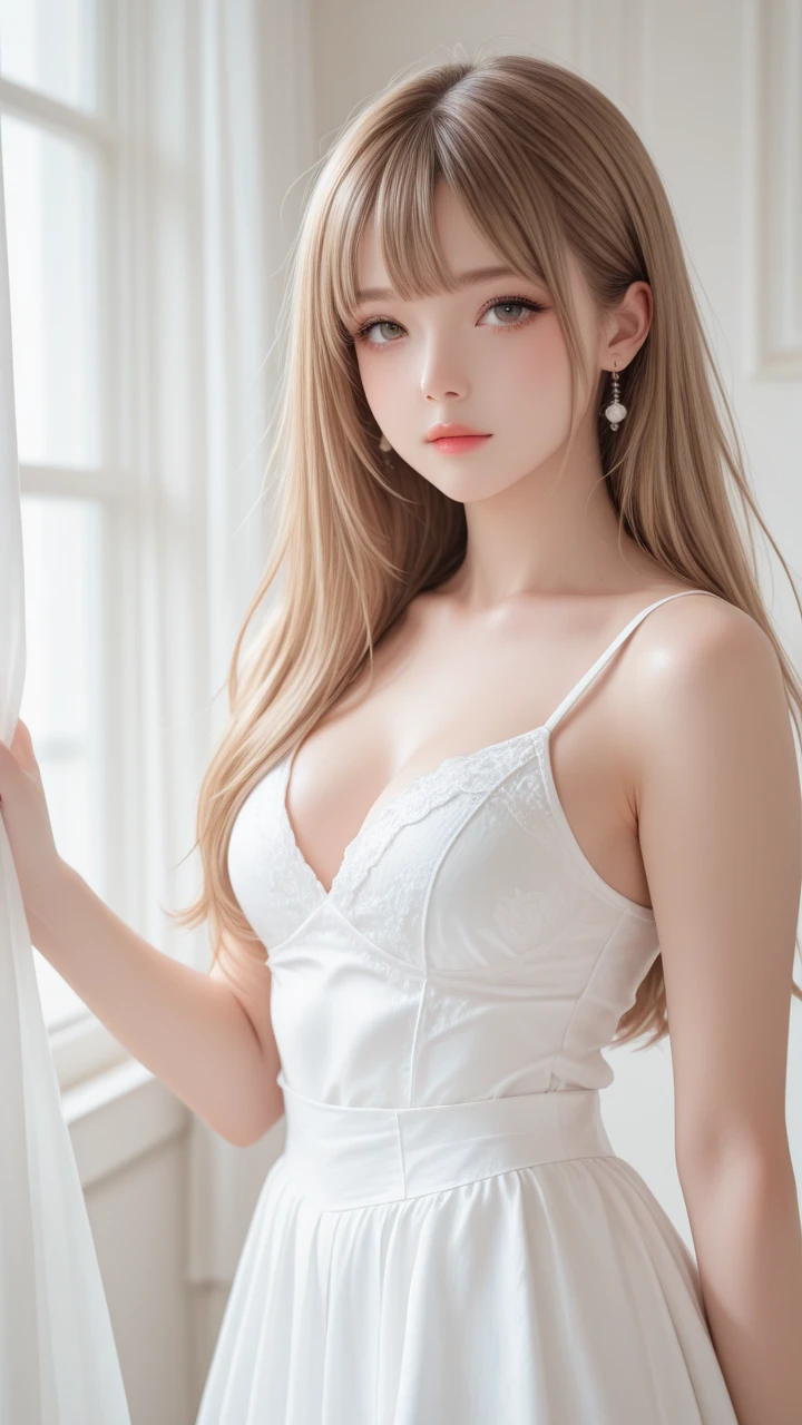 (((forehead、Blonde、Northern Europe、White people、beautiful girl、Blonde、White background、Frills、race、dress)))、table top, highest quality, figure, super detailed, finely, High resolution, 8k wallpaper, Perfect dynamic composition, detailed and beautiful eyes, Deco out,bionde, medium hair, super ???????????, Natural color lip,white background, random cute poses,frill dress