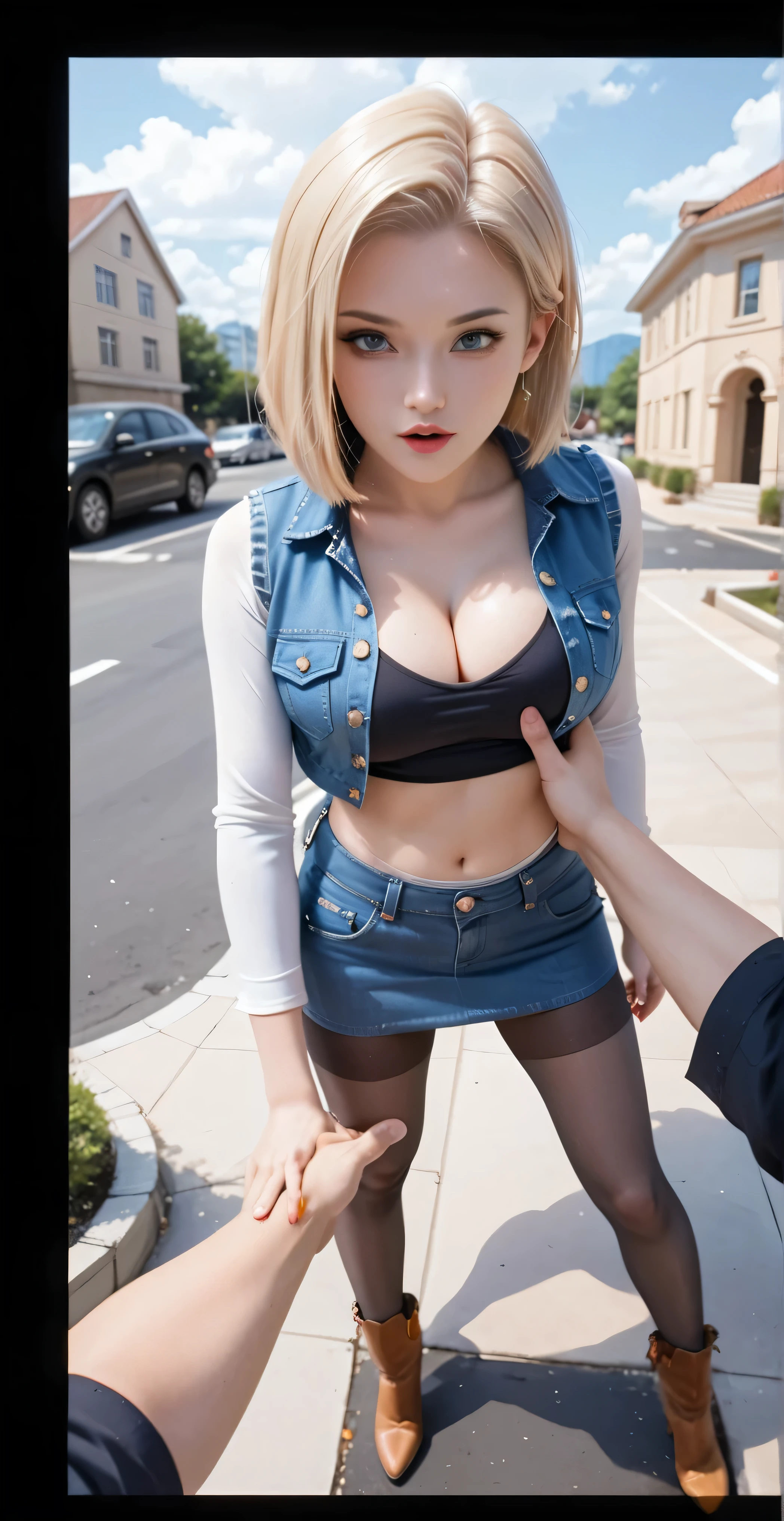 (One girl), (Android 18), (Her body and eyes face forward), ((She sat on the steps of the driveway outside the building and lifts one side of her denim mini skirt)), ((Intentionally holding the hem of the skirt with the one hand and pushing it up)), ((Her white sexy-panty is visible)), (She wore high leg panties), ((She looks straight at her boyfriend)), (Blonde hair), ( blonde girl), (She wearing light blonde hair), (Medium length hush cut hair), (Her slender legs and stylish short western cow-girl boots are clearly visible under the mini denim skirt she is wearing), (She have Very bouncing), (Wearing a short blue H-line denim skirt), (Wearing a mini denim vest), (The short mini vest she wears has three small circular buttons), (The denim skirt and denim vest colors match), (She Wear long sleeves), (Long sleeves with black stripes at regular intervals on a white background), (She wears flesh-colored illusion pantyhose), (The pantyhose she wears look like brown stockings), (She wore pantyhose and wore white white over them), (No-belt), (Wearing women's Western cowboy-boots), (Wearing a black t-shirt that exposes deep cleavage), (No bra), ( outside a black T-shirt), (Clearly exposed), (She winks with her left eye), (Boldly and fascinatingly winks her left eye and stares at me intently), (Sat on the steps of the driveway outside the building), ((Masterpiece))