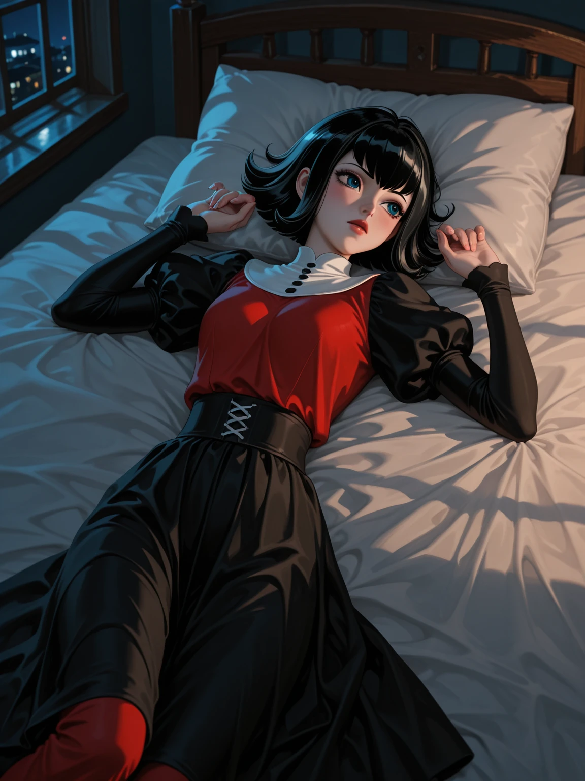 Anime girl in red dress sitting on sofa, Rin Tohsaka, , A succubus in a short, tight dress., Charming anime girl,  covered and NRF, anime cel shading, anime style 3d, Cell - Shaded Art Style, (NRF) safe for work, anime  magic handsome witch, NRF version, Cell-shaded adult animation