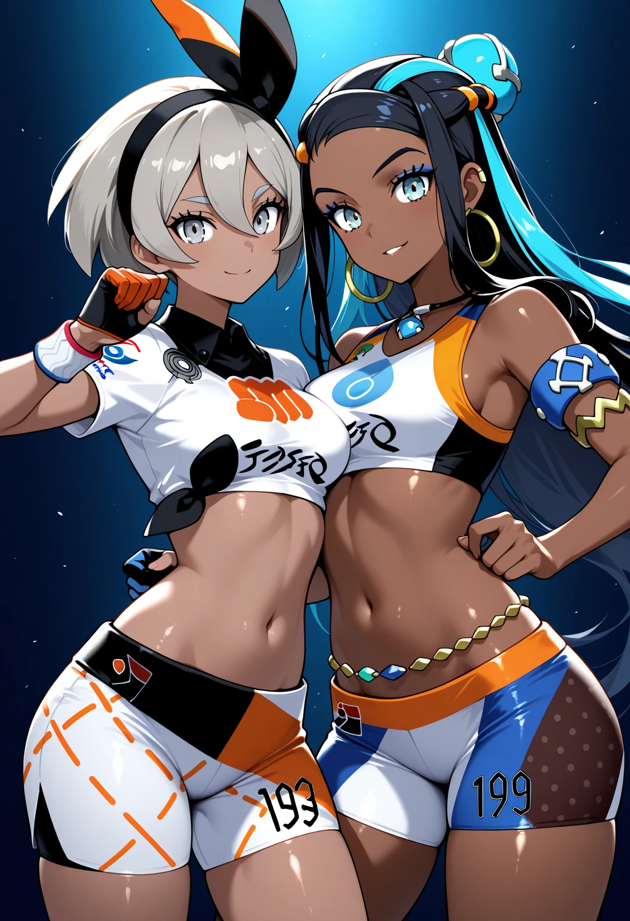 masterpiece, best quality, 21 year old model, eyelashes, (beautiful eyes),     ,,,2girls,  zzBea, grey eyes, grey hair, short hair, hair between eyes, black hairband, dark-skinned female, crop top, print shirt, , shorts, single glove, zzNessa, dark skin, makeup, single hair bun, crop top, single glove, spandex shorts, hoop earrings, belly chain, armlet, wristband,  smile,  smile, looking at viewer, shiny skin,
walking, close together, arms around shoulders, blouse, skirt, dress, rear view, highly detailed, intricate, zzCitronLegacy, alley, village, blush, smile,