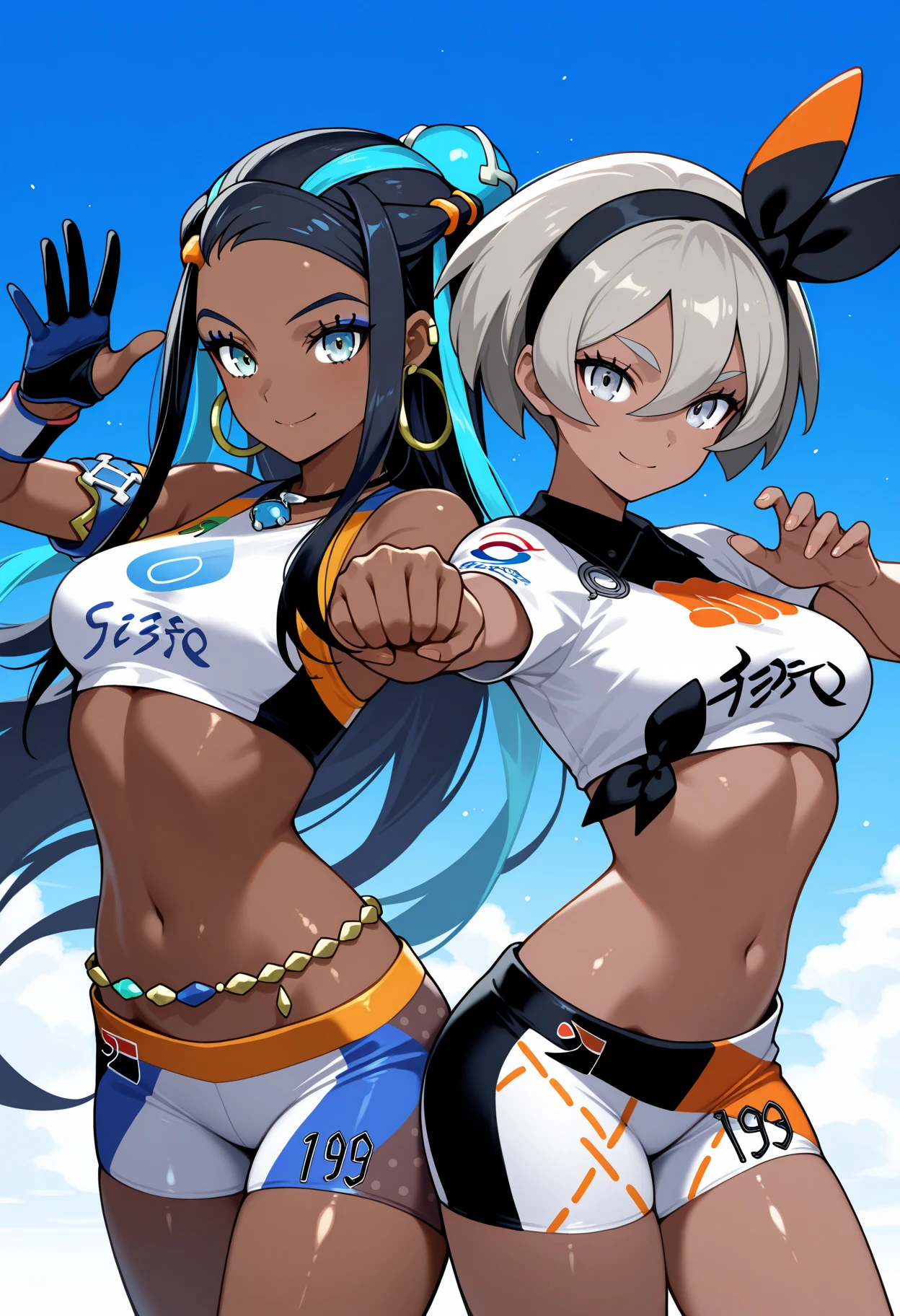 masterpiece, best quality, 21 year old model, eyelashes, (beautiful eyes),     ,,,2girls,  zzBea, grey eyes, grey hair, short hair, hair between eyes, black hairband, dark-skinned female, crop top, print shirt, bodysuit, shorts, single glove, zzNessa, dark skin, makeup, single hair bun, crop top, single glove, spandex shorts, hoop earrings, belly chain, armlet, wristband,  smile,  dynamic pose, cowboy shot, smile, looking at viewer, shiny skin,