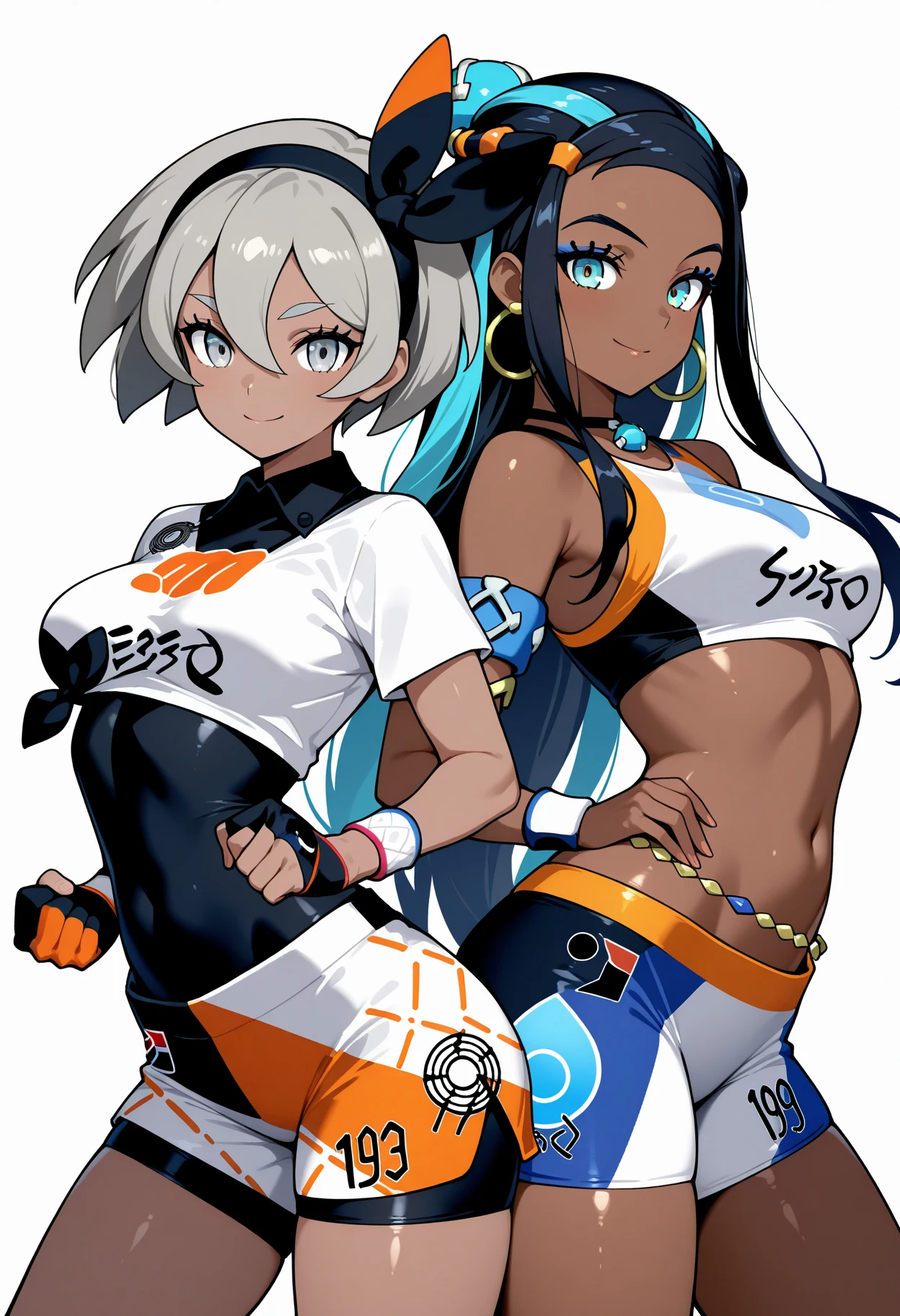 masterpiece, best quality, 21 year old model, eyelashes, (beautiful eyes),     ,,,2girls,  zzBea, grey eyes, grey hair, short hair, hair between eyes, black hairband, dark-skinned female, crop top, print shirt, bodysuit, shorts, single glove, zzNessa, dark skin, makeup, single hair bun, crop top, single glove, spandex shorts, hoop earrings, belly chain, armlet, wristband,  smile,  dynamic pose, cowboy shot, smile, looking at viewer, shiny skin,