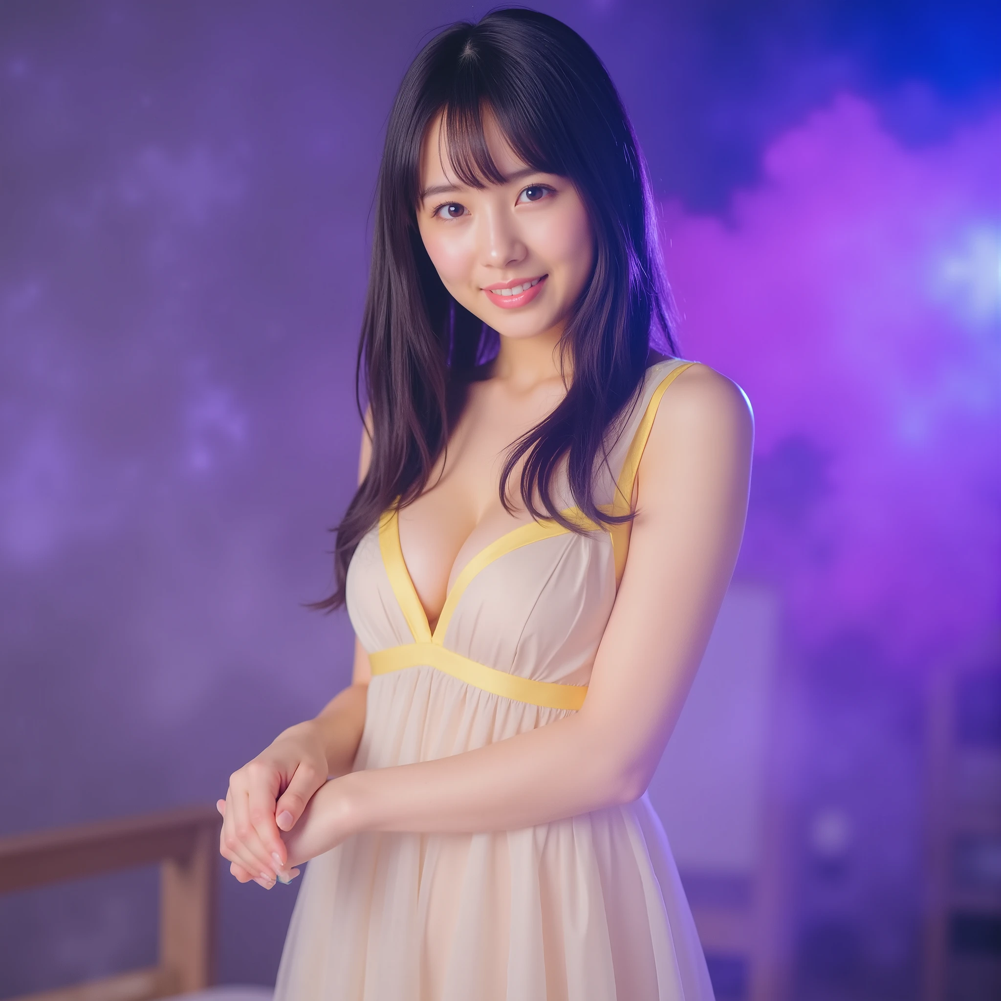 Japanese Top Idol、first々 atmosphere、素晴ら atmosphere、 full body photo from head to foot 、beauty、provocative poses with a yellow neckline、Sheer silk dress、soft curve、Sensual Expression、enchanting eyes、Smiling Lips、dreamy lighting、Purple and Blue Gradation Light、hazy effects using old toys、The background is a space where reality and unreality mix、Fusion of Fantasy and Reality、professional photography techniques、Ultra High Definition、Artistic Composition、 She has ultra-sharp focus and ultra-detailed photorealistic raw photos、Super Detailed Real Skin Texture、