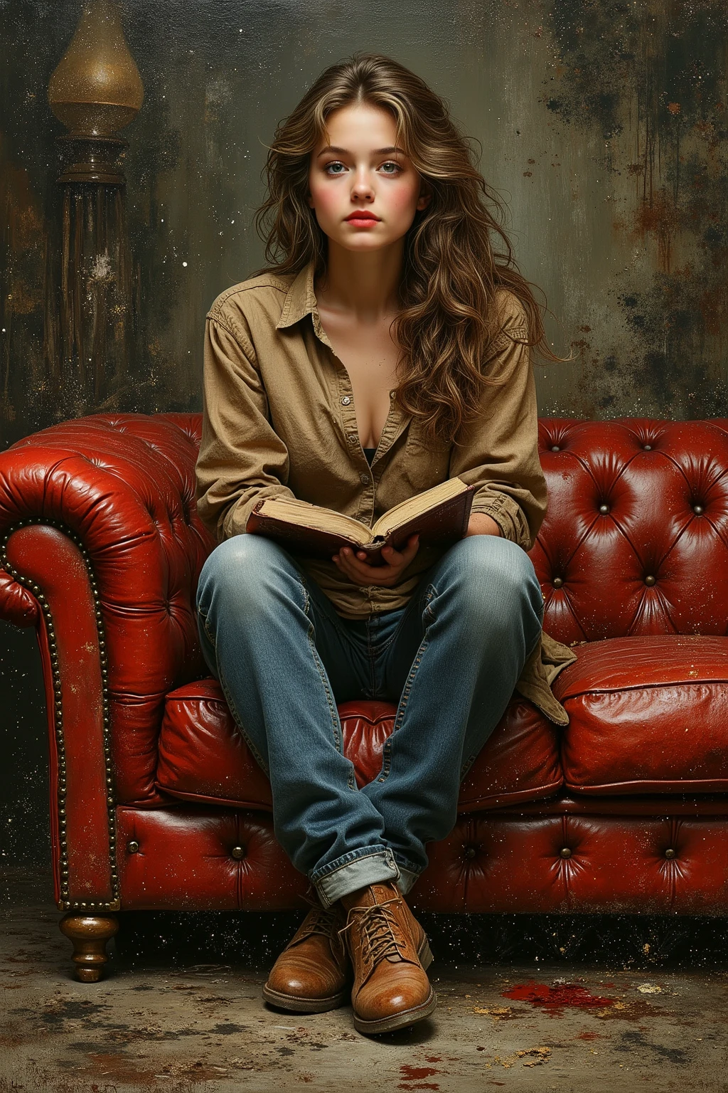created a painting with oil painting with huge details , In the style of the artist Leonardo Davinci , The art of the era of European Renaissance , A fully detailed painting of a beautiful girl ( 20 years old ) She is sitting on a red leather sofa, wearing tight jeans and a brown shirt, and holding an old book with a dark background, a picture that seems cinematic, the angle of view is not taken in front of the girl ( with a full picture of the girl inside the frame and the view from the front )
Bep