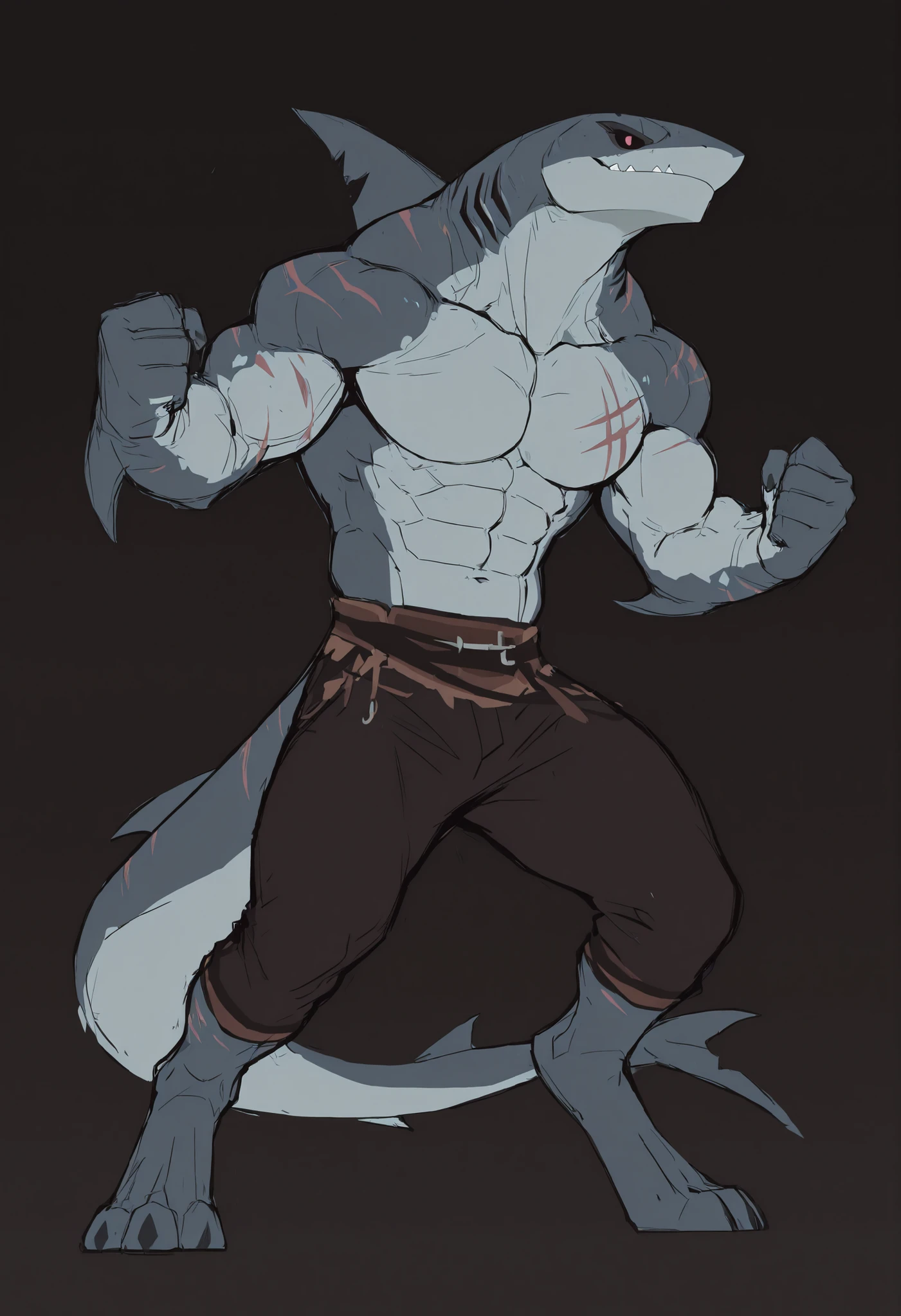 sharkman, anthro megalodon, solo, detailed skin, lizard shark hybrid, anthro, barbarian, detailed scalie skin, dark detailed eyes, fins on arms, gray color body, digitigrade legs, proporcional body, wide chest, old scars, abs, wearing dark pants, marked jaw, 3 toes, strong shark tail, dorsal fin on spine, combat pose, best quality, sketch, ultra-detailed, detailed illustration of 4K horror, simple dark background