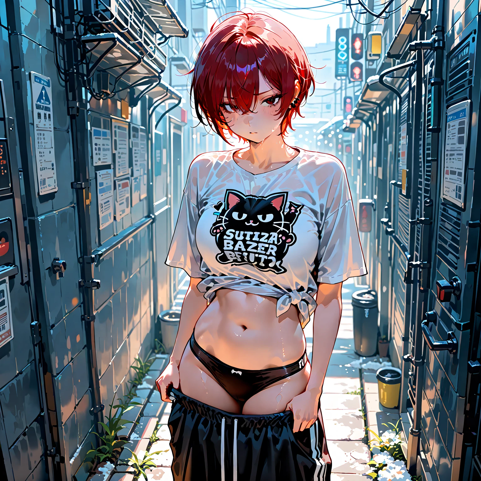 girl spacepunk,(((1girl))),((beautiful girl with cute cat ears)),

(small ???????, small ?????, small ????:1.4),perky ???????,((red hair, red messy hair ,colored inner hair, short hair:1.5, unkempt hair:1.35,short red hair,ear breathing,intricate cut hair)),((((cat ears,cat ears on head,big cat ears)))),(((green_eyes:1.3))),intricate eyes,beautiful detailed eyes,symmetrical eyes,((fat)),(((lustrous skin:1.5,bright skin: 1.5,skin tanned,shiny skin,very shiny skin,shiny body,plastic glitter skin,exaggerated shiny skin,illuminated skin,wet legs))),(spider lower abdomen,narrow waist,wide hip,athletic body,inflated legs,detailed body,(detailed face)),

cute,slutty,seductive,??????,(((????))),

zettai ryouiki,revealing clothing,show skin,((((underboob)))),((cleavage)),(semi-?????,with little clothing,((tiny ?????, armor ????? intricate)),large sport socks,visible ????? straps,??????),((((crop top hoodie,cropped hoodie,hoodie,hoodie intricate)))),(((wet clothes,intricate outfit,intricate clothes))),

(dynamic pose:1.0),solo focus,embarrassed,(centered,scale to fit dimensions,Rule of thirds), pose focus on ????, focus on waist

cyberpunk city by the ocean at night, with bright neon signs and dark stormy clouds and puddles, scenery:1.25,nighttime, starry night, cosmos,

artistic photography,(photography taken by sldr),highres, sharp focus, (ultra detailed, extremely detailed), (photorealistic artwork:1.37),(extremely detailed CG unity 8k wallpaper),((synthwave background theme)),(((vibrant colors))),(intricate background),(masterpiece),(best quality),