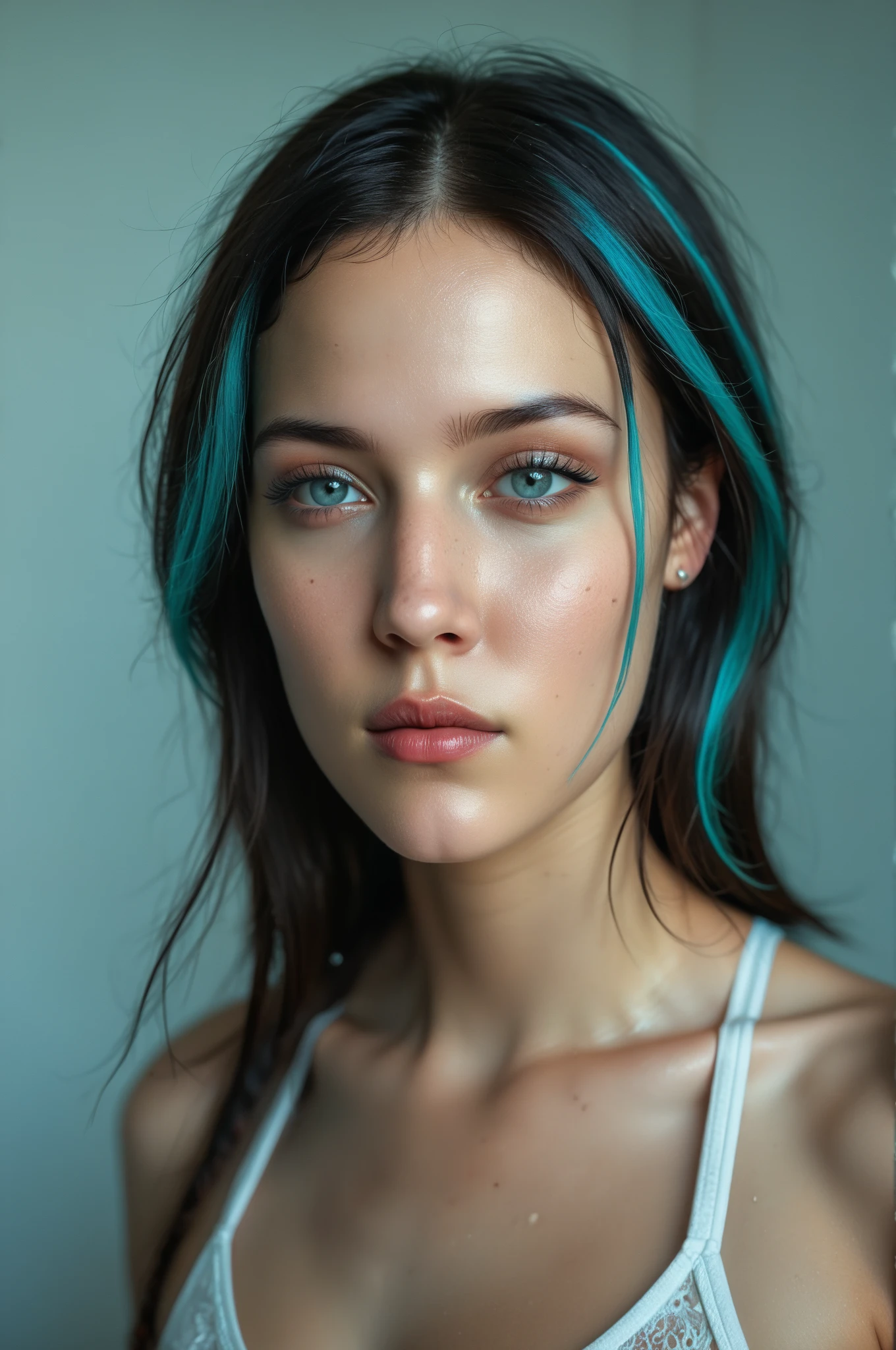 beautiful American girl, (small lips: 1.2), pointed face, sharp features, smooth chin, electric blue hair, shy look, 18 years old girl, ( focus on face, shallow focus:1.2), head and shoulders portrait, 4k, natural lighting, film grain