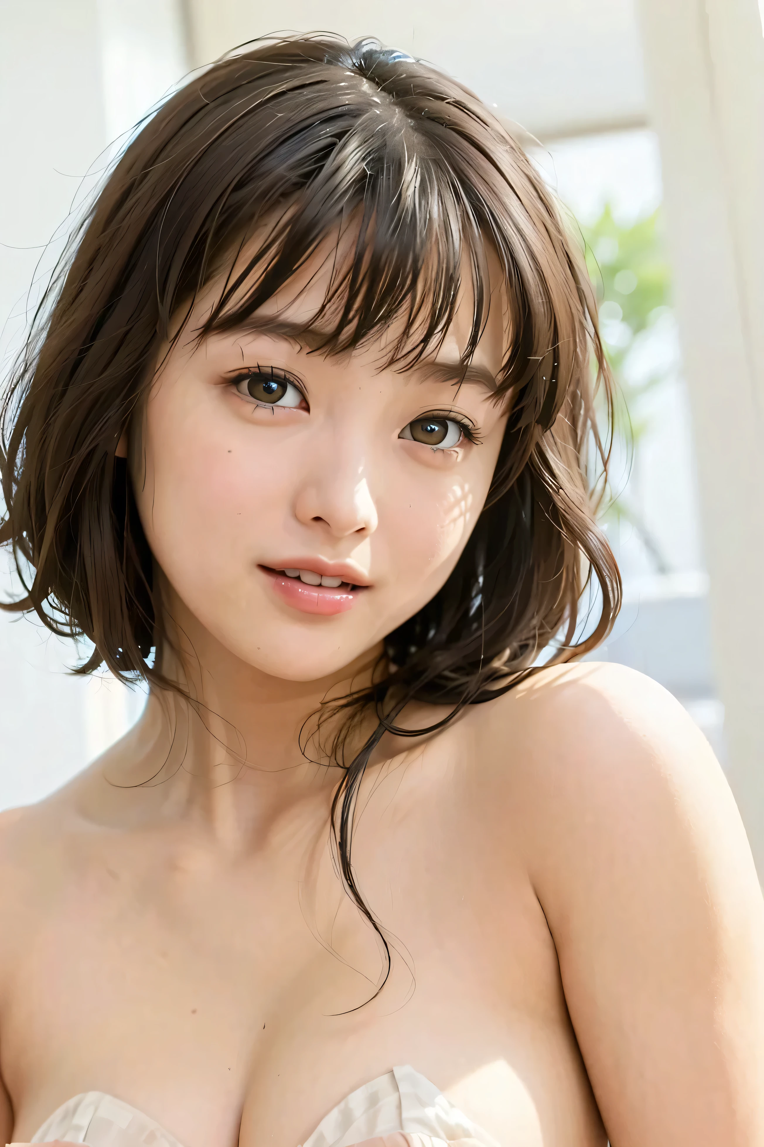 (top quality, Highly accurate selection, masterpiece:1.2), Photo depicting facial expressions in detail 、 close-up of a woman's face 、take a picture close to my face、(naked woman:1.6)、realistic:1.37,(perfect anatomy), Beautiful Naked Woman、showing off nipples、nude、 Thin face 、(portrait)、beautiful face、beautiful woman smiling at camera、(expression)、(Staring at viewers)、beautiful skin,small breasts、(very big eyes)、big eyes,The corners of her eyes are slightly drooping.、(glowing eyes:1.3)、beautiful skin 、Beautiful Lips、big eyes,short hair、 ,,(The background is a white room:1.2)、