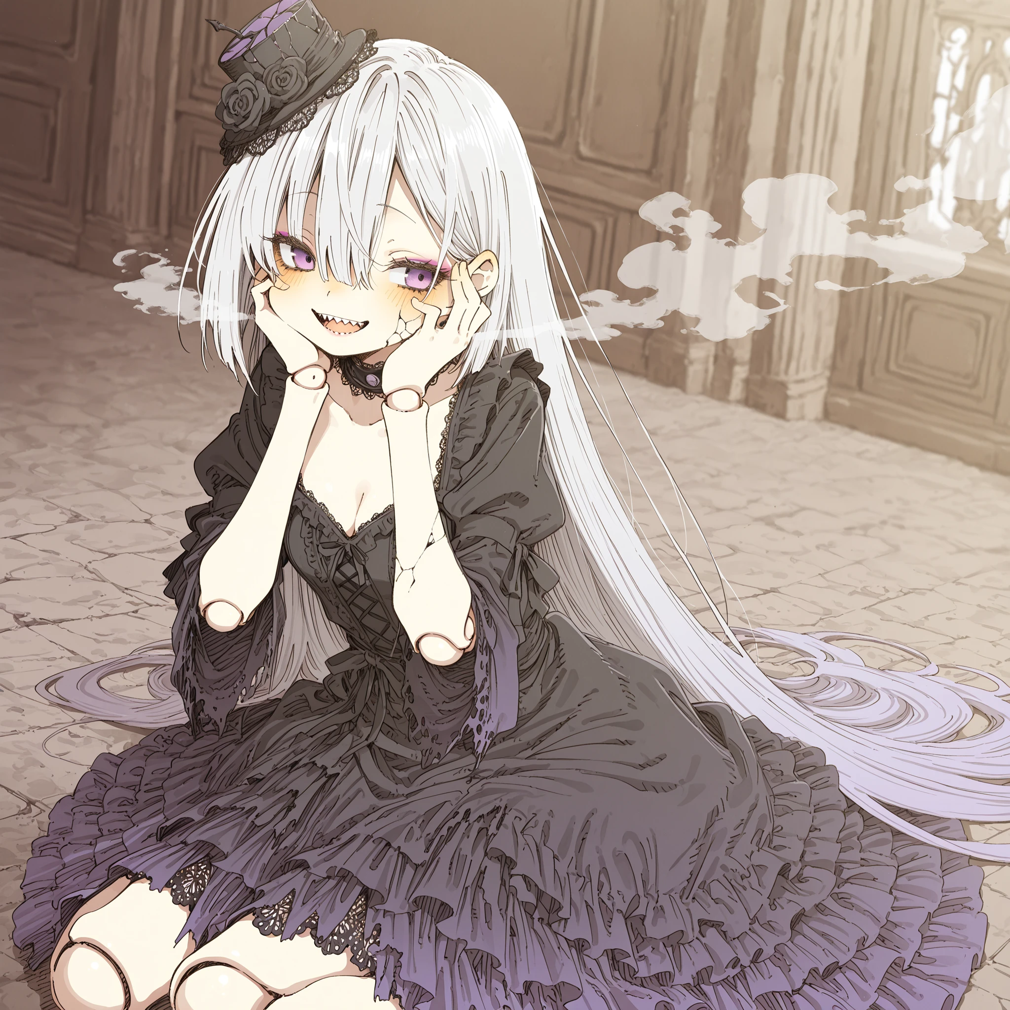 ((Abara Heiki style)), ((Masterpiece)), ((best quality, amazing quality)), ((very aesthetic, absurdres, newest)), ((detailed background, negative space, blurry background, depth of field, Asymmetrical background)), (dynamic angle, wide shot), (cinematic lighting), ((1girl, solo)), cute young Girl, (Healthy Gaunt body, Textured skin, small , cleavage, tilt head), feminine, Big eyes, (pale purple eyes, gradient eyes, hollow eyes, averting eyes, looking at side), (platinum-gold hair, silky straight hair, long hair), (hair between eyes, long bangs, long side bangs), gradient hair, blue color Hair Tip, ((makeup goth)), (open mouth wide, sharp teeth), evil smile, blush, (cute cheeks), glossy lips, pouty lips, (lower eyelashes), Beautiful collarbones, BREAK, (put on mini silk hat, Black roses decoration), ((Ruffled gothic dress, gradient dress, ripped skirt, intricate lace details)), slightly exposed cleavage, (hands on cheeks, kawaii pose), loose sitting on the Ruined aristocratic house, wariza, indoor, muted colors, aged floors, Dusty floors, (cracked skin, cracked face, spherical joints), (blowing smoke), Dusty, ((horror atmosphere)),