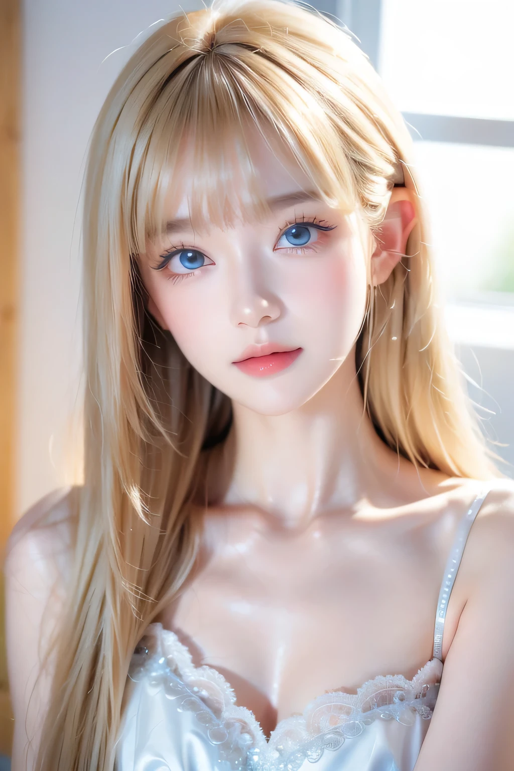  an 18 year old Scandinavian girl with a very beautiful baby face、 looking at camera、 very beautiful bright blond hair ,  silky super long straight hair, 目の間の長いbangs,、顔にかかるbangs、 wearing a long shirt 、Clothing、Upper body、 rich breasts、 In front of the window, Perfect white skin 、Gloss Face、Cheek gloss、Bright expression、 extremely bright sparkling pale marine blue eyes 、 big eyes、Small Face Beauty、 beautiful and cute girl 、Round face、bangs, Blonde, 目の間のbangs,  touch very long hair ,  hair hiding one eye ,  shiny hair, Straight Hair, Super long hair, Hair in the eyes, Too much hair, 