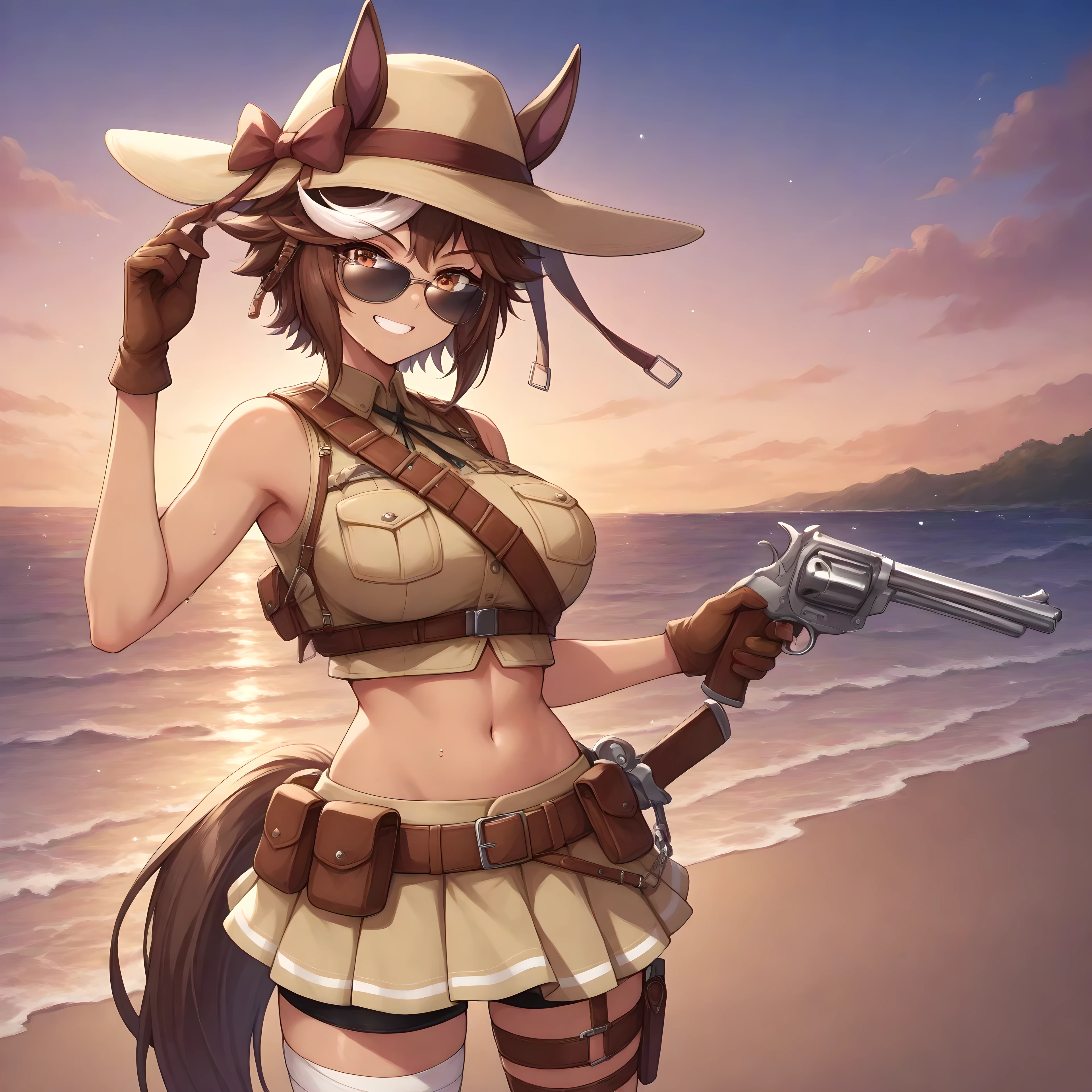 anime, lazypos, masterpiece, high contrast, vibrant colors, high contrast, at beach, night, night time, vibrant, 1girl, tomoe umari, aviator sunglasses, bandaged leg, bandages, bike shorts under skirt, bow, breast pocket, breasts, brown bow, brown eyes, brown gloves, brown hair, crop top, dark-skinned female, dark skin, ears through headwear, gloves, gun, hair ears, handgun, hat, hat bow, holding, holding gun, holding weapon, horse girl, horse tail, large breasts, midriff, miniskirt, multicolored hair, navel, pocket, pouch, revolver, saber (weapon), sheath, sheathed, shirt, skirt, sleeveless, sleeveless shirt, smile, streaked hair, sunglasses, sweat, sword, tail, thigh strap, weapon, white hair, yellow hat, yellow skirt,