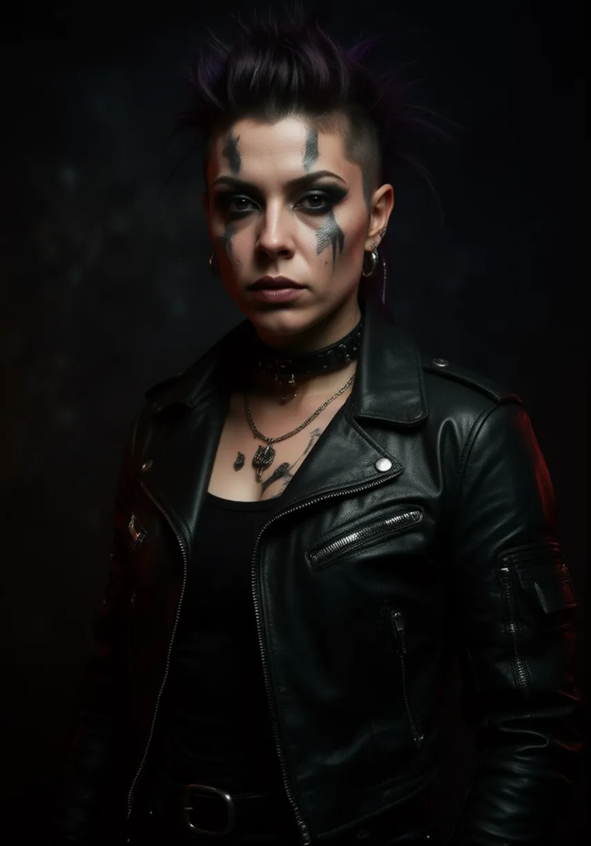 candid photo of a 80's punk woman standing in a nightclub, punk mohawk hairstyle, she has cyberware lines embedded in her face, wearing a leather jacket, ((her chest is embedded with mechanical implants under her chest skin, <lora:962D832DF1:0.8>, high quality, skin texture, looking at the camera