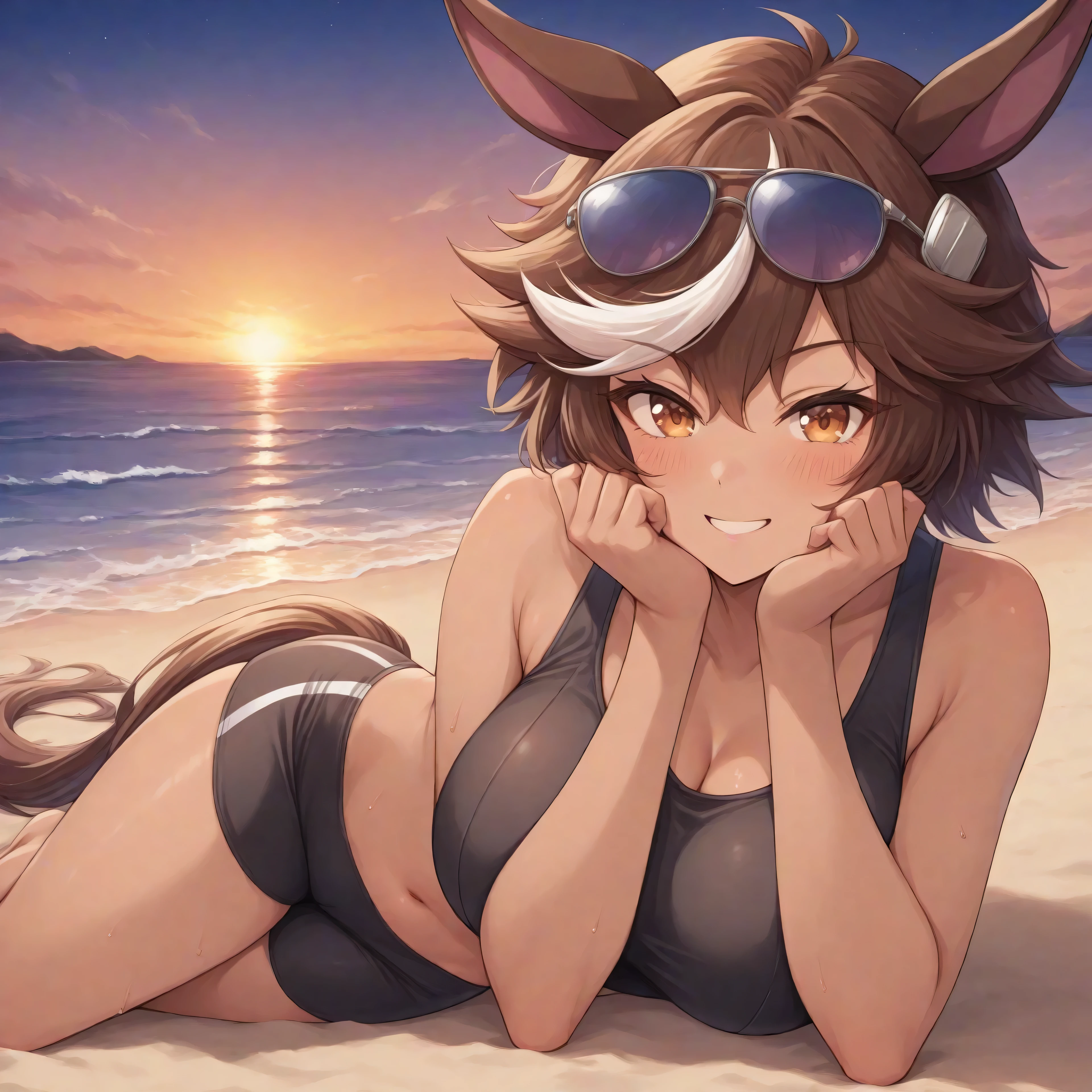 anime, lazypos, masterpiece, high contrast, vibrant colors, high contrast, at beach, night, night time, vibrant, 1girl, tomoe umari, aviator sunglasses, bike shorts, brown eyes, brown hair, black sports bra, dark-skinned female, dark skin, hair ears, horse girl, horse tail, large breasts, midriff, multicolored hair, navel, smile, streaked hair, sunglasses, laying on sand, head in hand, elbow on ground,