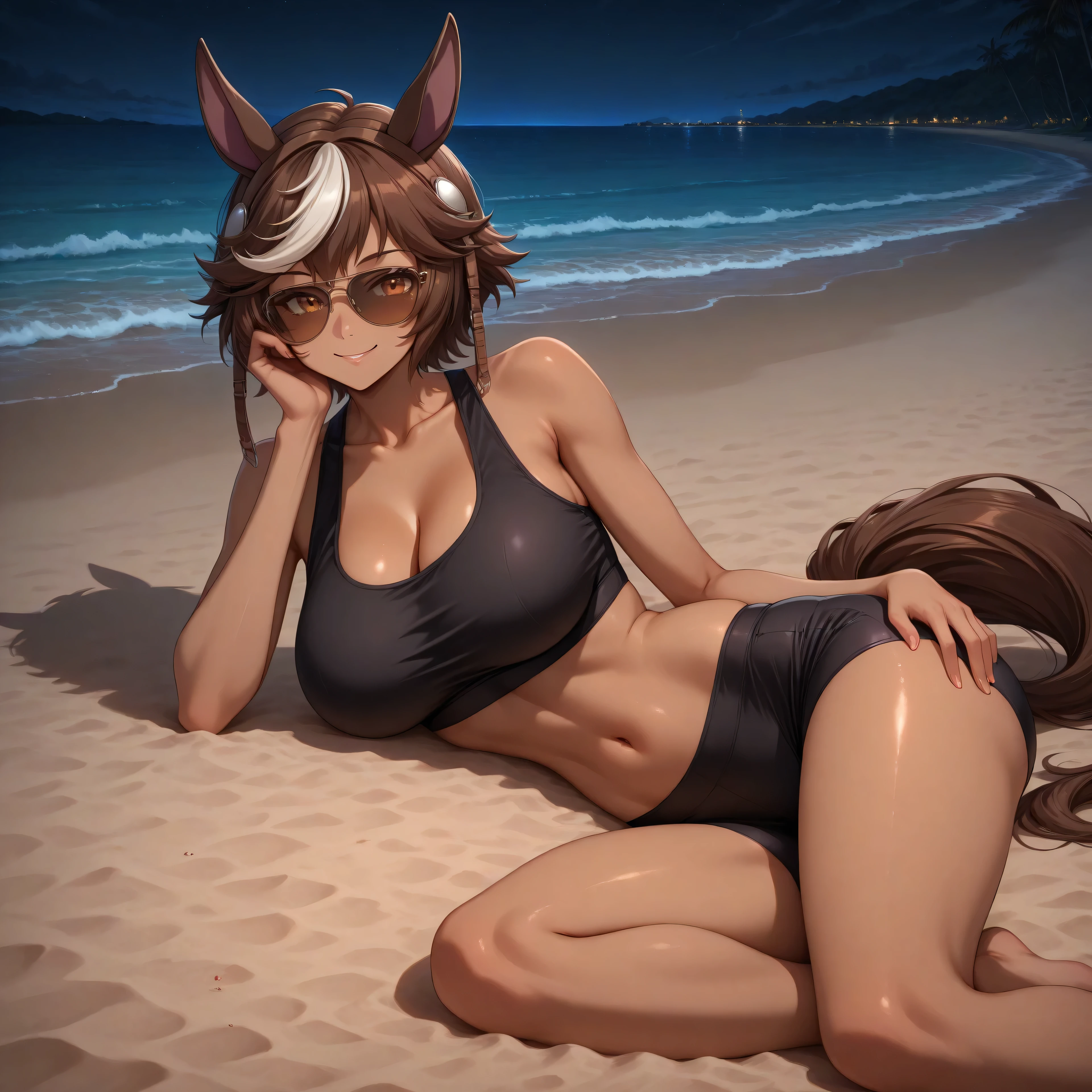 score_9, score_8_up, score_7_up, ginger hair, pigtails, braided pigtails, freckles, pale  green eyes, red eyeshadow, 1girl, 1boy, duo, outdoors, beach, flag bikini, american flag bikini, American flag, tomboy, shy, blush, kneeling, choker, , presenting , spreading legs, no , abs, narrow waist, muscular, pottsness, mounted, , yumejoshi, femporn, handsome male, lean male, dark skinned male, arab male, brown male, mounted, , side view, breast grab