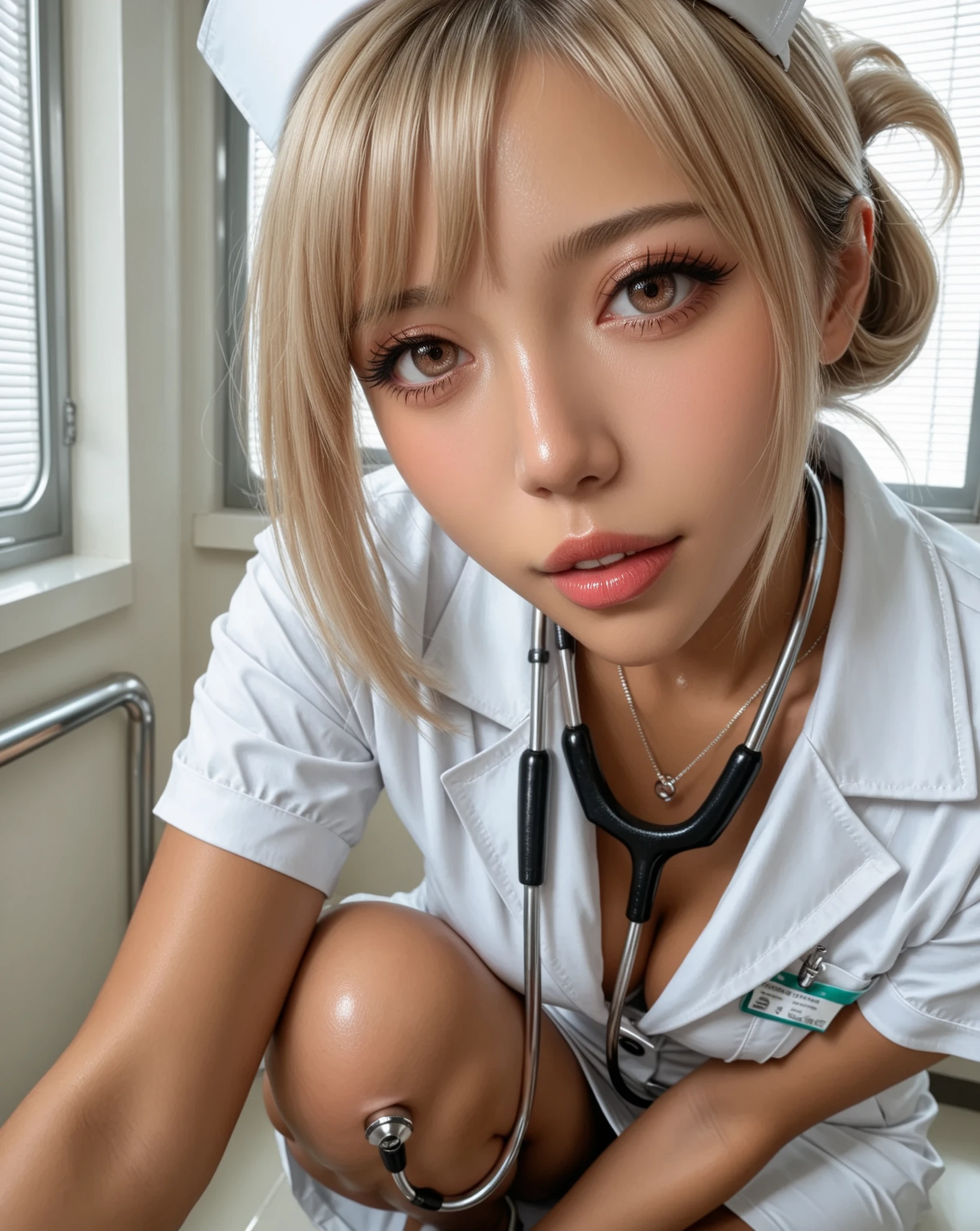 top quality, masterpiece, ultra detailed, super realistic, 8K, HDR, Glossy Highlights, highlight shadows and highlights, Emphasis on skin details, 1 female nurse, Perfect Gal Makeup, vivid color scheme, Fluffy pink glossy lips, Slightly moisturized lips, Stick your lips lightly, Long False Lashes, Dark dark brown skin , Healthy, firm, dark skin, Uniform Tanned Skin, dark skin that perfectly matches the skin tone of the face and body,  Blonde hair with vibrant mesh, folded ponytail, wear a nurse cap properly, Completely Plain Nurse Cap, Occupational nurse clothes, Clean white coat, Nurse Outfit with Button Closure, some buttons on the  of nurse clothes are open, slightly visible cleavage, nurse clothes skirt length is above the knee, White pumps, highlight the beauty of raw feet, Glamorous Poses, face close-up,Intriguing Glances, Sensual Expression, Eyes with Open Eyes,  Asking the viewer for a kiss ,  lips, stethoscope, bright daytime ward, clean nurse station, natural light shining in through the window, looking at camera, Contrast of Light and Shadow
