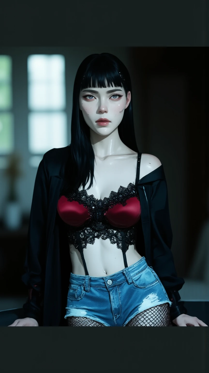 a woman, very thin body, body visible bones, very slender, sweaty wet body, pale white skin, , ,tatto, full body, has a mental breakdown in an underground prison, weakness