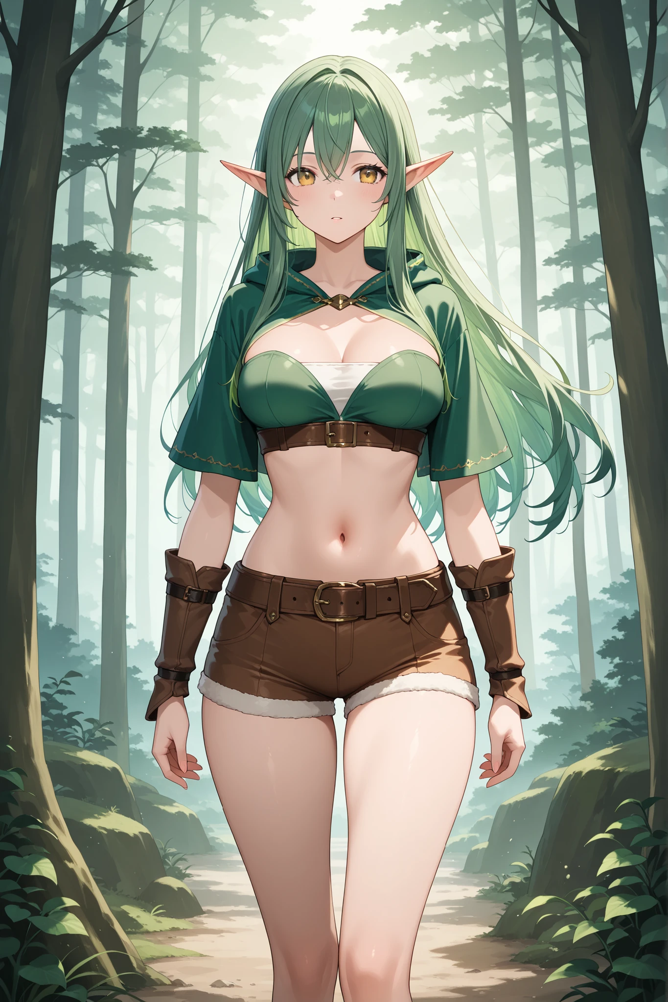 1girl, standing, forest, fantasy, green hair, long hair, pointed ears, front view, thighs, , midriff, navel, belt, shorts,
