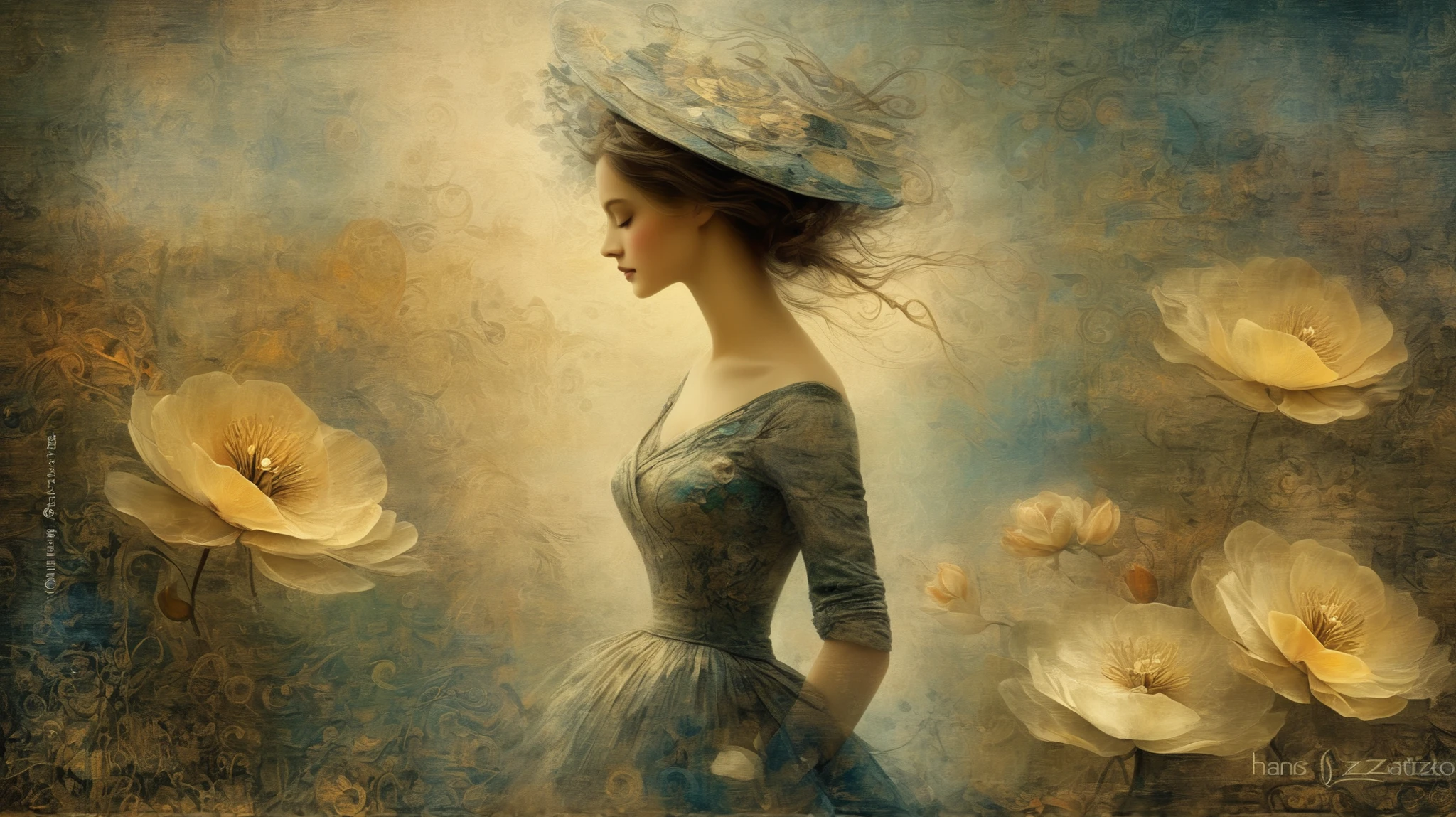 layered, a woman walking trought her memories, represented with a background texturized with decoupage, caligraphy, letters, whimsy mood, moody colors by Hans Zatzka with patterns