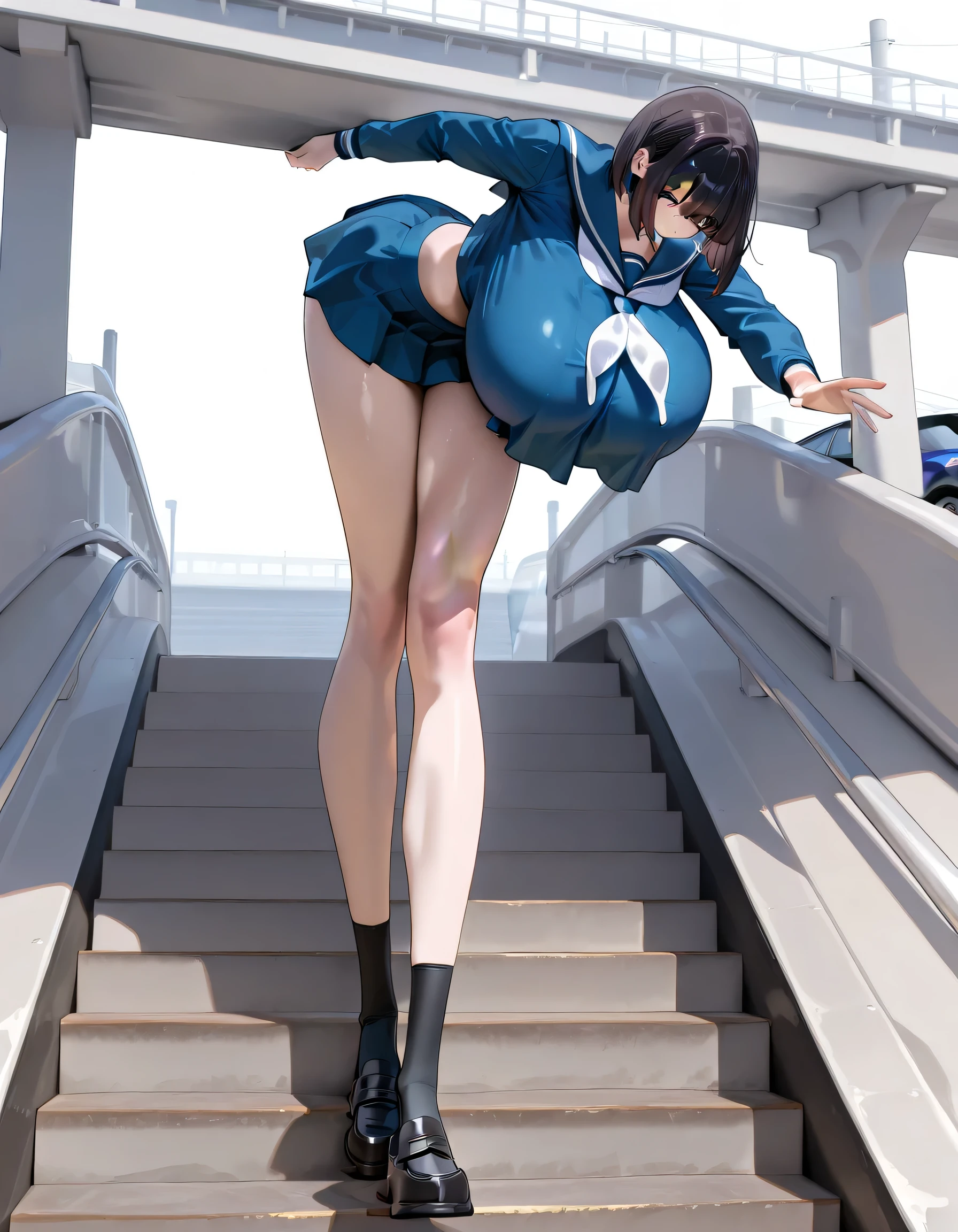   ((masterpiece)), ((Highest Quality)), mini-g14ntess, (tall: 1.9) , (Too Long Legs: 1.9), a girl, blue sailor suit, long sleeves, (huge loafers: 1.4), black socks, (Huge breasts: 1.5), crop top overhang, (small face: 1.2), short Bob, looking down, walking down the stairs of the footbridge carefully,  dark haired, muscular, threatened, bowing, hands not reaching the handrail, driving cars under the bridge,