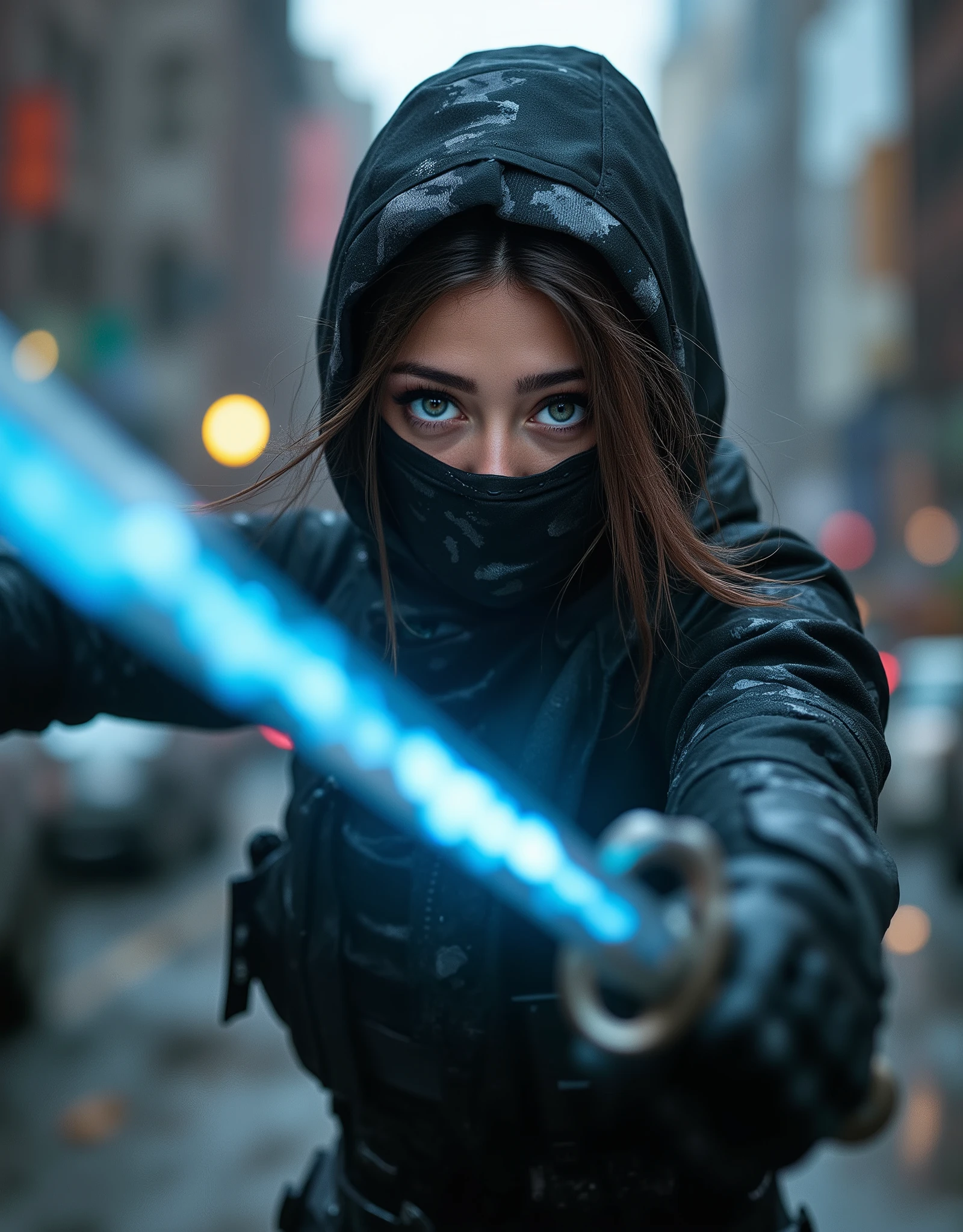 realistic photo,hyperrealism,hyperdetail, close up,amazing quality: in the center of the frame is a futoristic Ella Purnell, ninja girl(shinobi ), (Ella Purnell, ninja girl,futurisme,)Dynamic scene, in her hands a katana sword with a plasma blade,sword swing ,dynamics,calm facial expression,blue eyes sleeve top, wearing a high-tech jumpsuit in black and black camouflage colors,high-technology black protective,tactical gloves in her arms, she has a,dynamics,Sword blow,against the background of urban combat New York, focus on her face , a trail from the movement of the sword,blurred background,(focus on the sword blade and the girl's face)