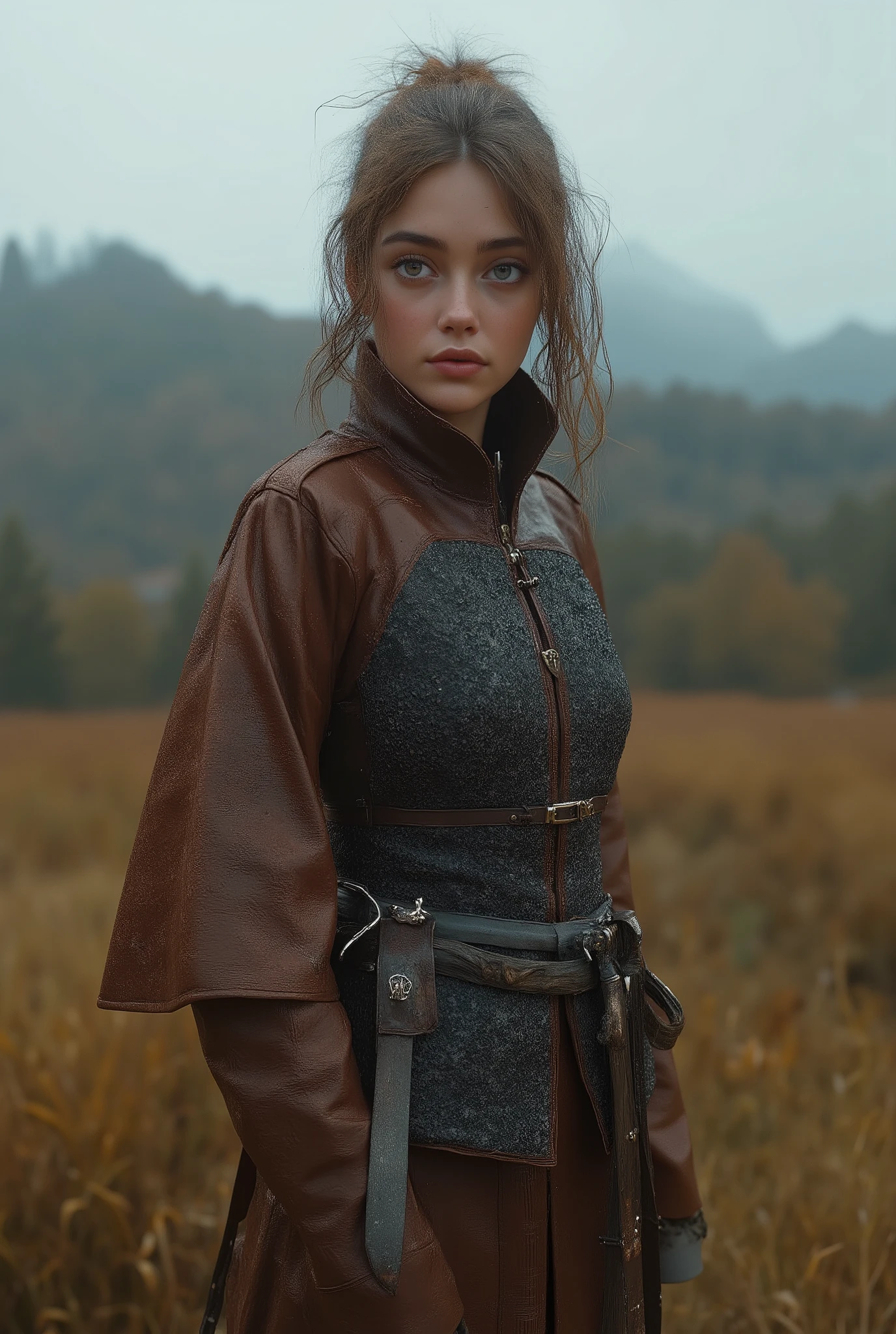 hyperrealistic photo : Ella Purnell, (masterpiece), (Better quality), (photorealistic: 1,5), 8k, detailed skin texture, beautiful detailed young face, complex parts, (( slender medieval Lara Croft as a witcher)), beautiful, hot, sporty, against the backdrop of a medieval landscape and a medieval knightly castle in the distance on a hill,((high quality full length photo )) ((and at her waist, the SWORD IN THE  hangs on her belt)) ,shoulder pads, order,light armor , raincoat,(а спиной двуручный меч, легкие доспехи,стройное мускулистое тело,средневековье,крупный план))(девушка-райзбойница,меч в ножнах за ее спиной,кинжал висит в чехле на поясе),прекрасна,разбойник,средневековье,броня)
