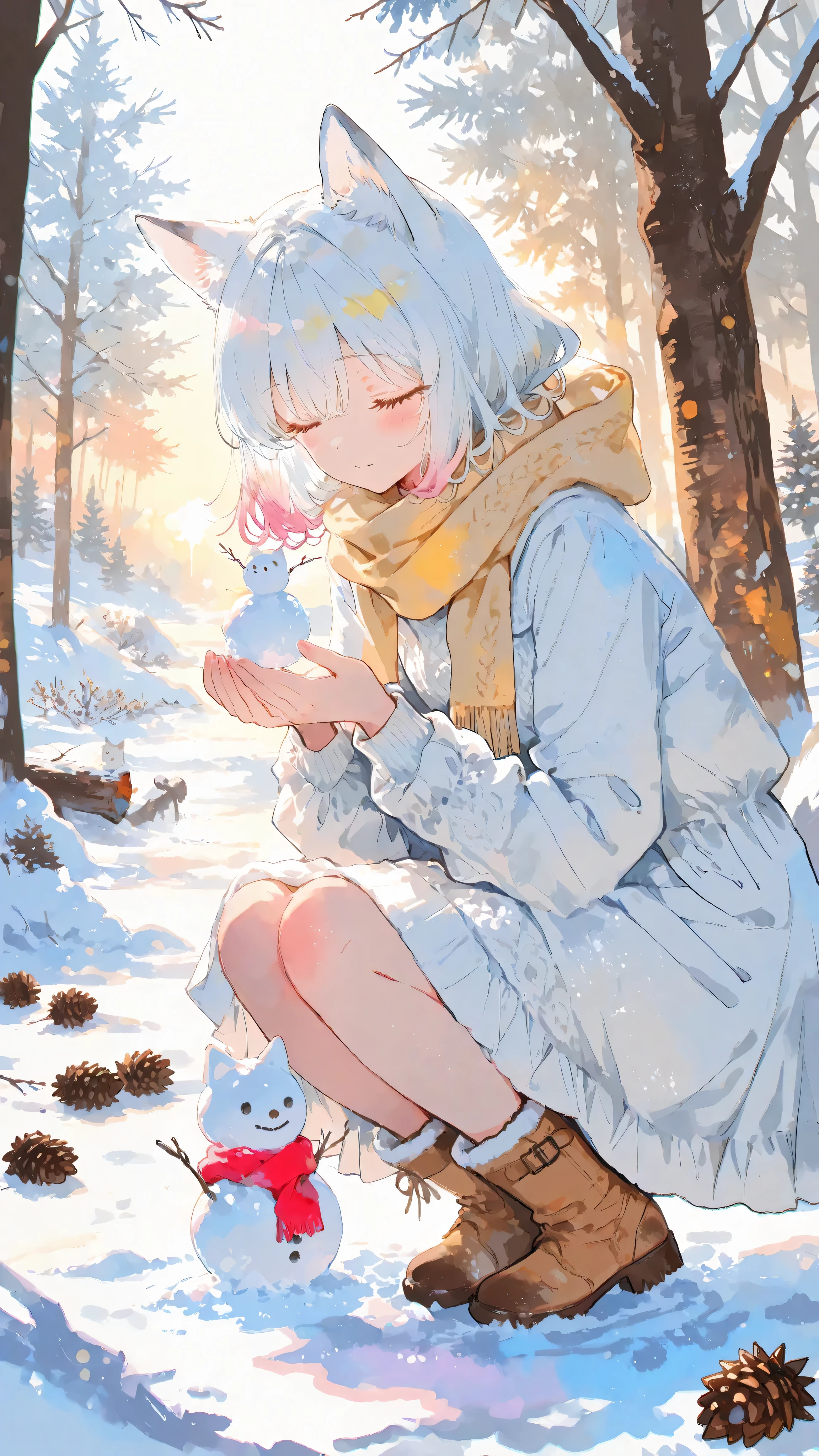 chef-d'œuvre, rendu avec maîtrise, (silhouettes claires), colorful illustration emphasizing doux, muted winter hues with doux yellow accents, composition aérienne et fantaisiste, peinture à l'aquarelle avec un léger débordement de couleur.
a small white fox girl with doux white hair and fox ears, portant une robe d'hiver douillette, a warm écharpe, et des bottes d'hiver robustes, accroupie au bord d'un tronc d'arbre, façonnant soigneusement une boule de neige avec ses mains. à proximité se trouve un petit bonhomme de neige, boules de neige éparpillées, pommes de pin , et des branches tombées, ajoutant des détails charmants qui améliorent la texture de l'aquarelle et l'atmosphère ludique. doux yellow sunlight filters through snow-laden trees, jetant de doux reflets chauds sur ses cheveux, écharpe, et des bottes, with doux, ombres translucides améliorant la profondeur. doux snow drifts and frosted branches surround her, créant un serein, scène d'hiver de conte de fées avec des, dégradés de couleurs aériens et lavis doux.
doux, muted daylight palette with warm doux yellow contrasts mixed with cool tones, doux radiant skin, réflexions subtiles sur la neige et la glace, brume atmosphérique, superposition spatiale nette, transparence aérienne, avec des accents roses pastel ajoutés dans les zones inférieures de la scène. dépeint dans le style Anmi, aberration chromatique subtile. /4K.s†