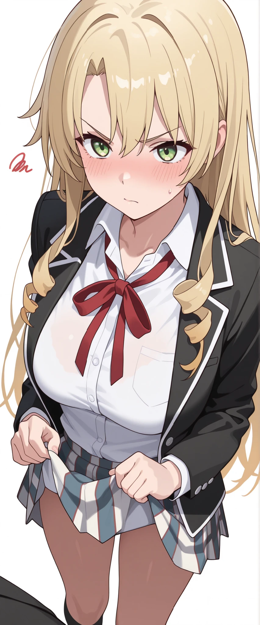 masterpiece, or higher, Newest,, blush,I'm angry 、 Miura Yumiko,gradation hair, Blonde,very long hair,green eyes, Sobu high school uniform,black jacket,white shirt,skirt,red ribbon,,black knee-high, , Walliza , 1girl,Skirt Lift,white background