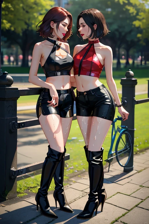 {{popped collar}},, bikini,sleeveless, cleavage, knee boots,japanese