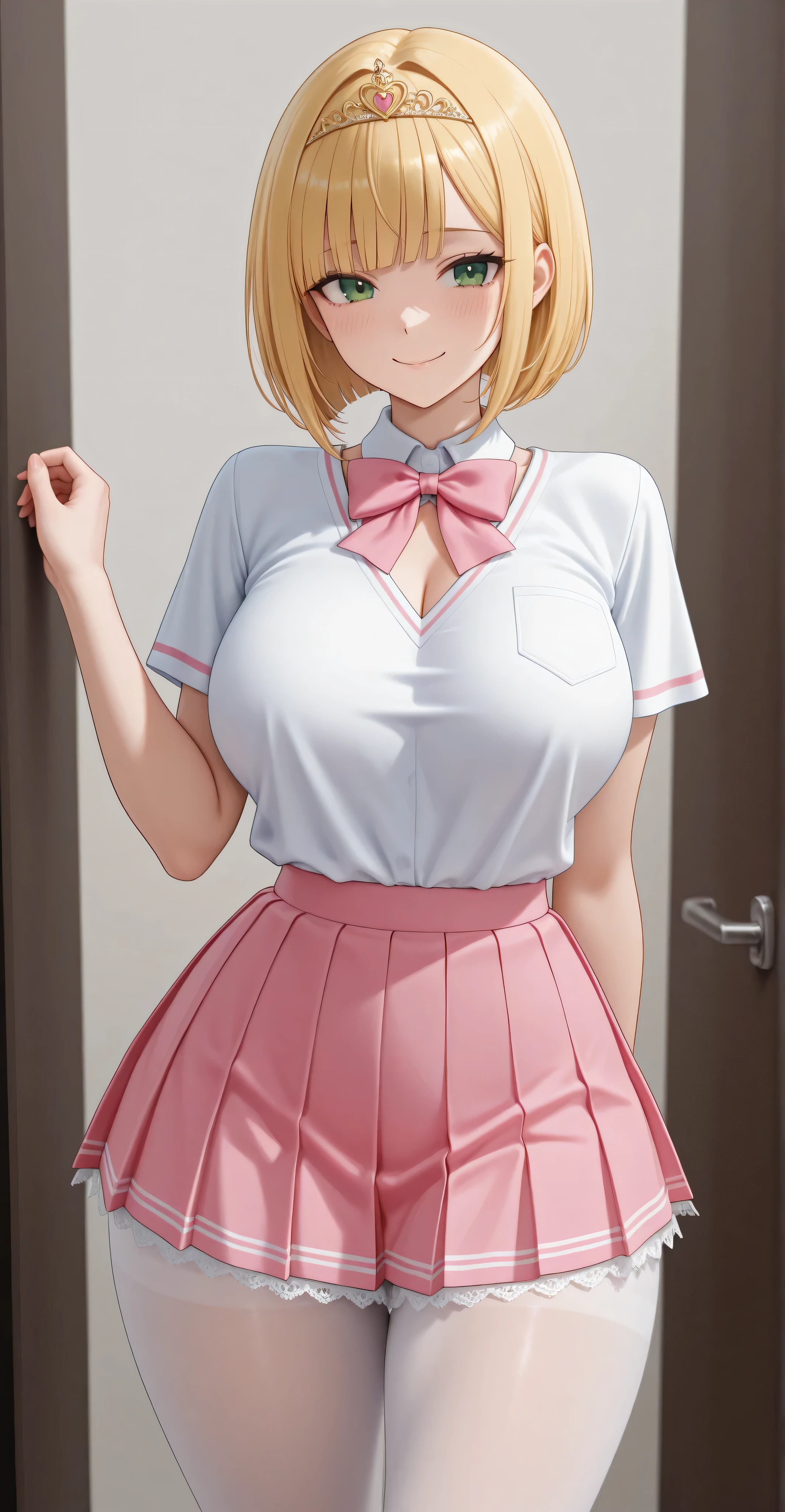 a girl. piel clara. green eyes. golden blonde hair. bob cut bangs. diadema rosA. round face. She is very beautiful and has a kind personality and a slight smile. She wears a white school shirt, short sleeve, V-neck, ((pink pleated miniskirt:1.5,)) with white thigh-length tights with white lace trim and pink bow. he has wide hips, thighs and wide legs. voluptuous sensual. She is standing in the dining room of a high school. alone. In a shy pose.