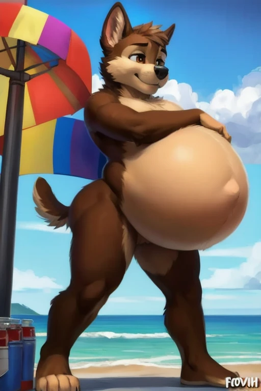 solo, kangaroo, canine, twins, 60 year old male, different facial expressions, three identical heads attached to the same body, kangaroo ears, bald, red fur, masculine, three necks, eyes, adult, male, (3d, by Disney), (overweight, fat, dadbod), beards, stubble, beach background, (, navel, male , small flaccid , ), , ear piercings, , correct hands, correct , (ultradetailed, best quality, detailed masterpiece, highly detailed masterpiece, 4k, professional cartoon:1.7), (natural pose,  pose), ((holding brown bottle in hand:1.3))