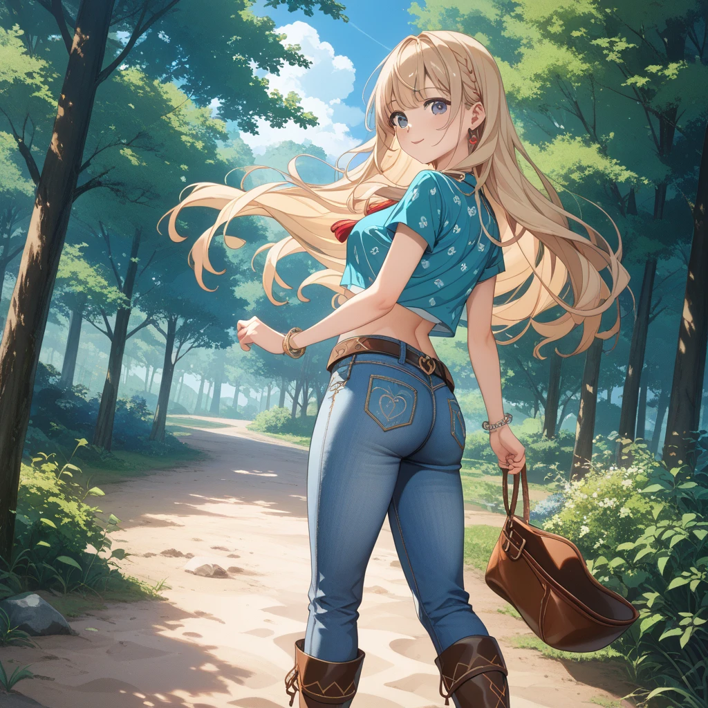 masterpiece, best quality, highres, lucy heartfilia, blonde hair, long hair, large , white shirt, sleeveless, belt, blue skirt, cowboy shot, standing, looking at viewer, outdoors, waving, smile, open mouth,