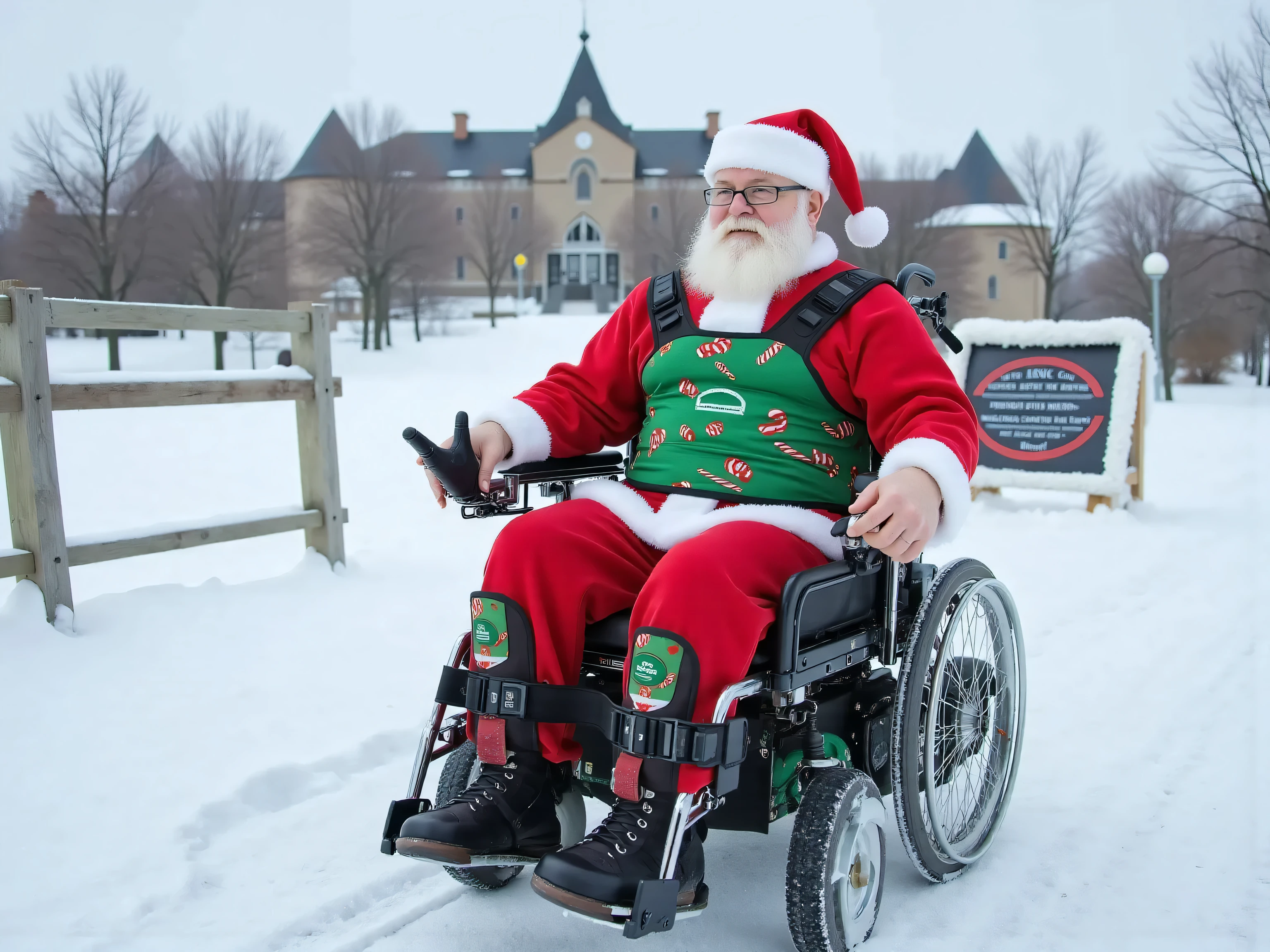 a fat elderly Santa Claus in a powered wheelchair with a thick green neoprene padded wheelchair harness with candy canes printed on it, wearing a hip belt colored red and white, wearing ankle restraints that are green and have jingle bells on leather tassles, on a snowy path in the north pole with a large retirement castle facility behind him, a sign next to him "RETIRED SANTAS OF THE AGES"