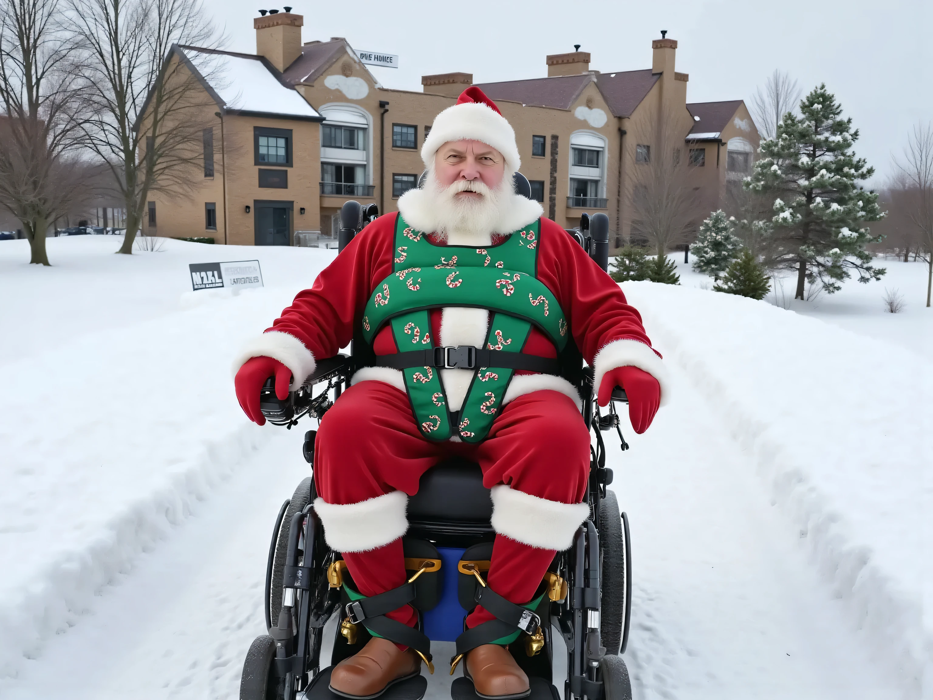 a fat elderly Santa Claus in a powered wheelchair with a thick green neoprene padded wheelchair harness with candy canes printed on it, wearing a hip belt colored red and white, wearing ankle restraints that are green and have jingle bells on leather tassles, on a snowy path in the north pole with a large retirement castle facility behind him, a sign next to him "RETIRED SANTAS OF THE AGES"